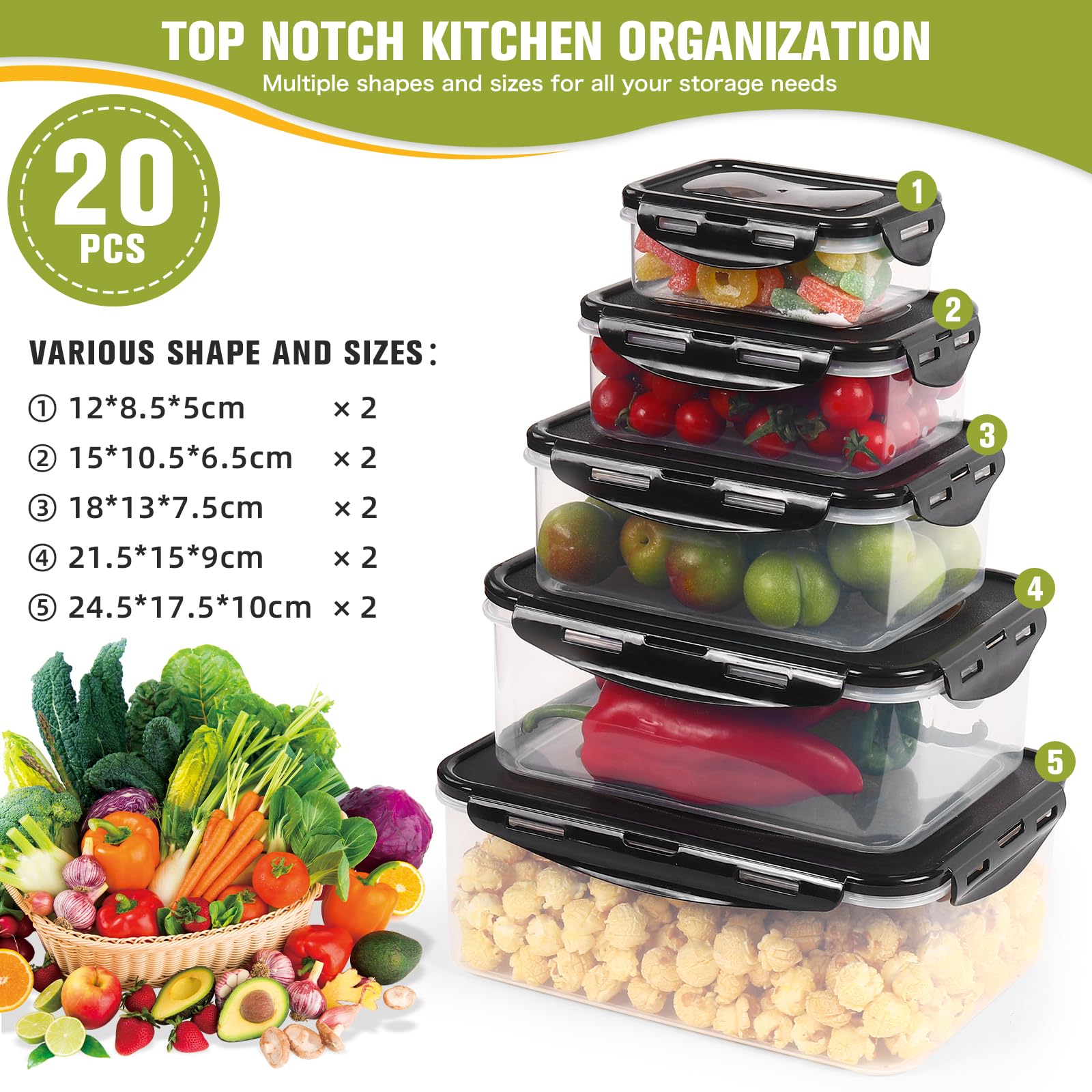 Rainberg Food Storage Container Set - 20 Pieces (10 Containers & 10 Lids) | Airtight & Leakproof 3