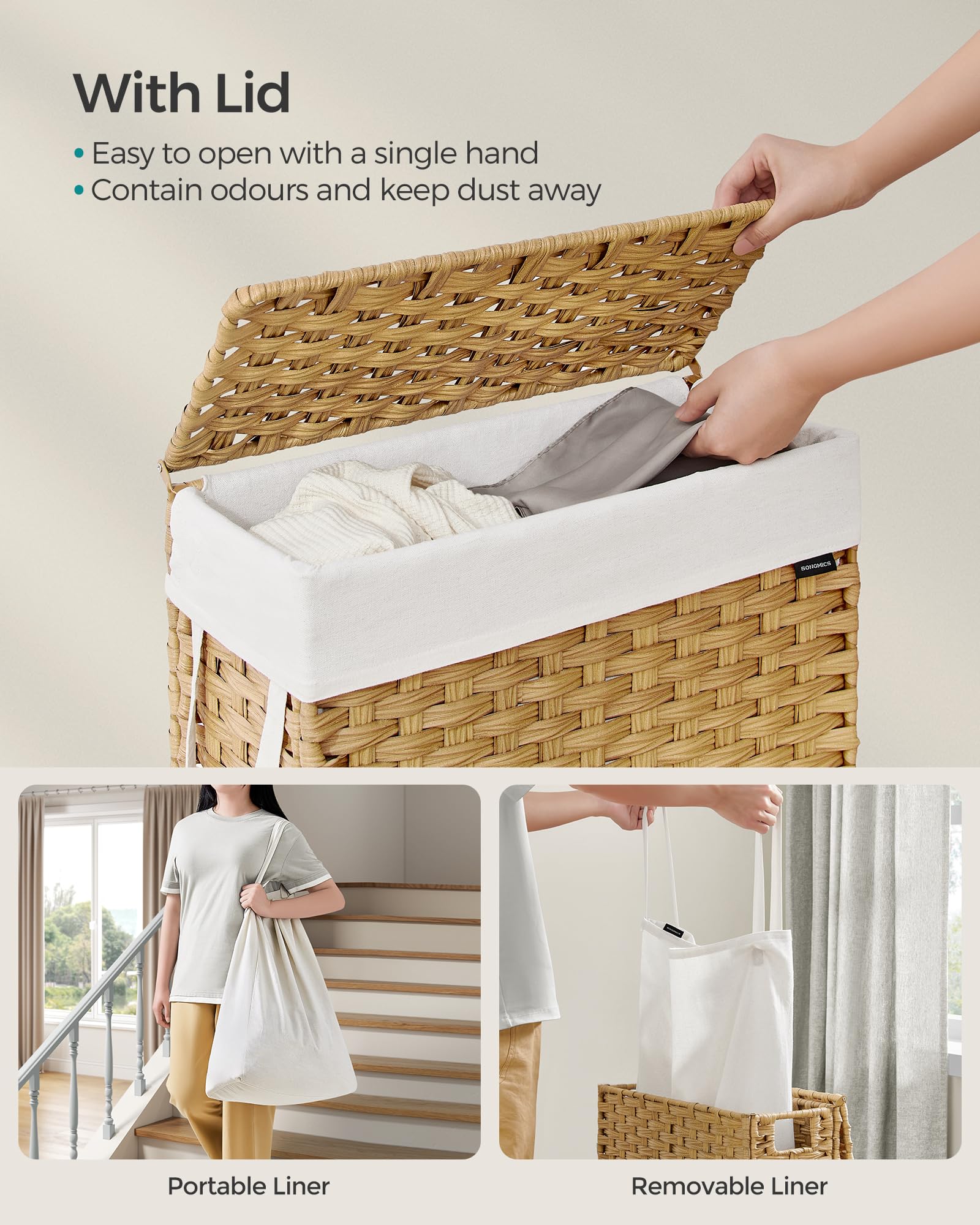SONGMICS Slim Laundry Basket - 55L Synthetic Rattan Storage with Lid & Handles | Foldable | Goose Yellow 4
