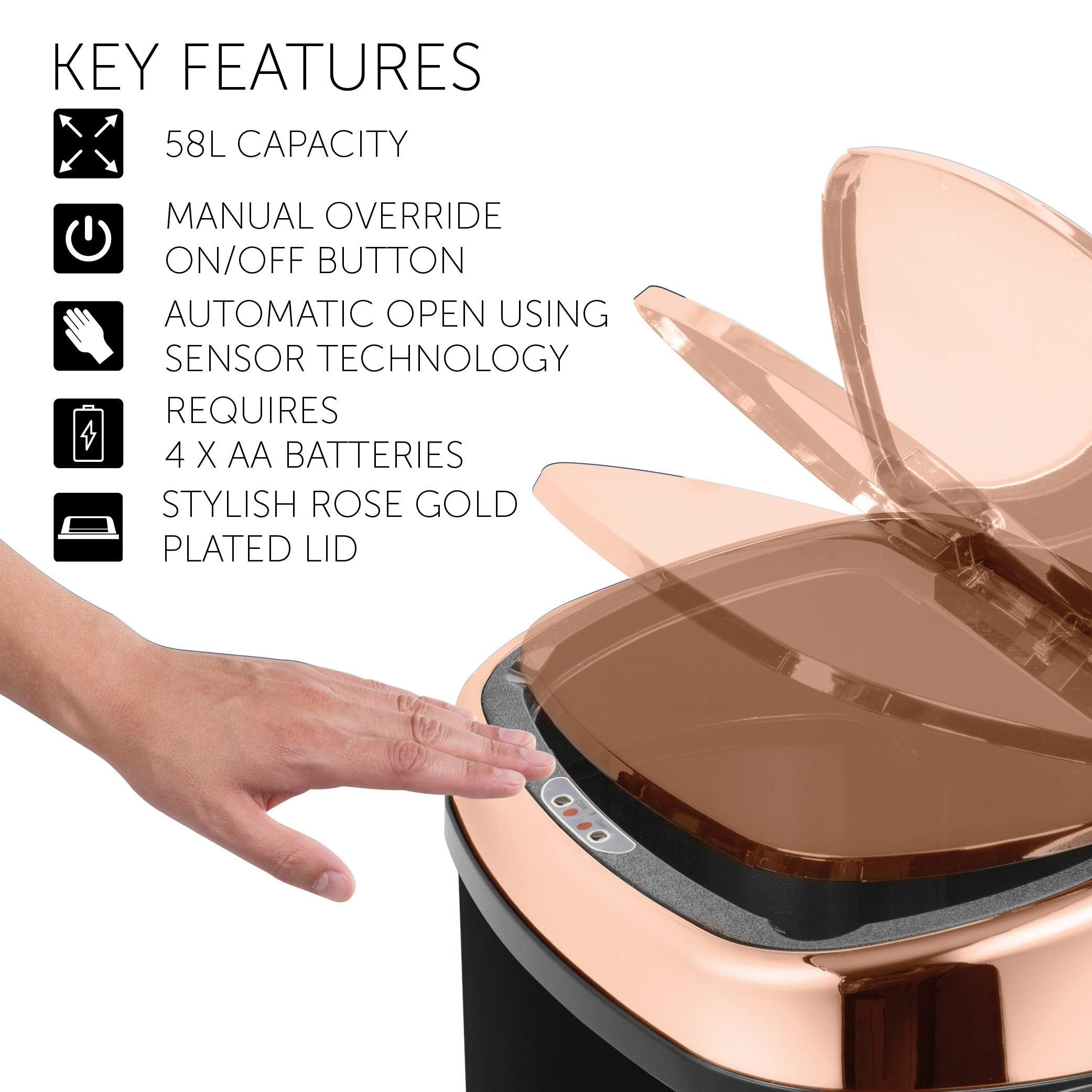 Tower T80904RB Sensor Kitchen Bin - 58L Capacity, Motion Activated, Black & Rose Gold 4