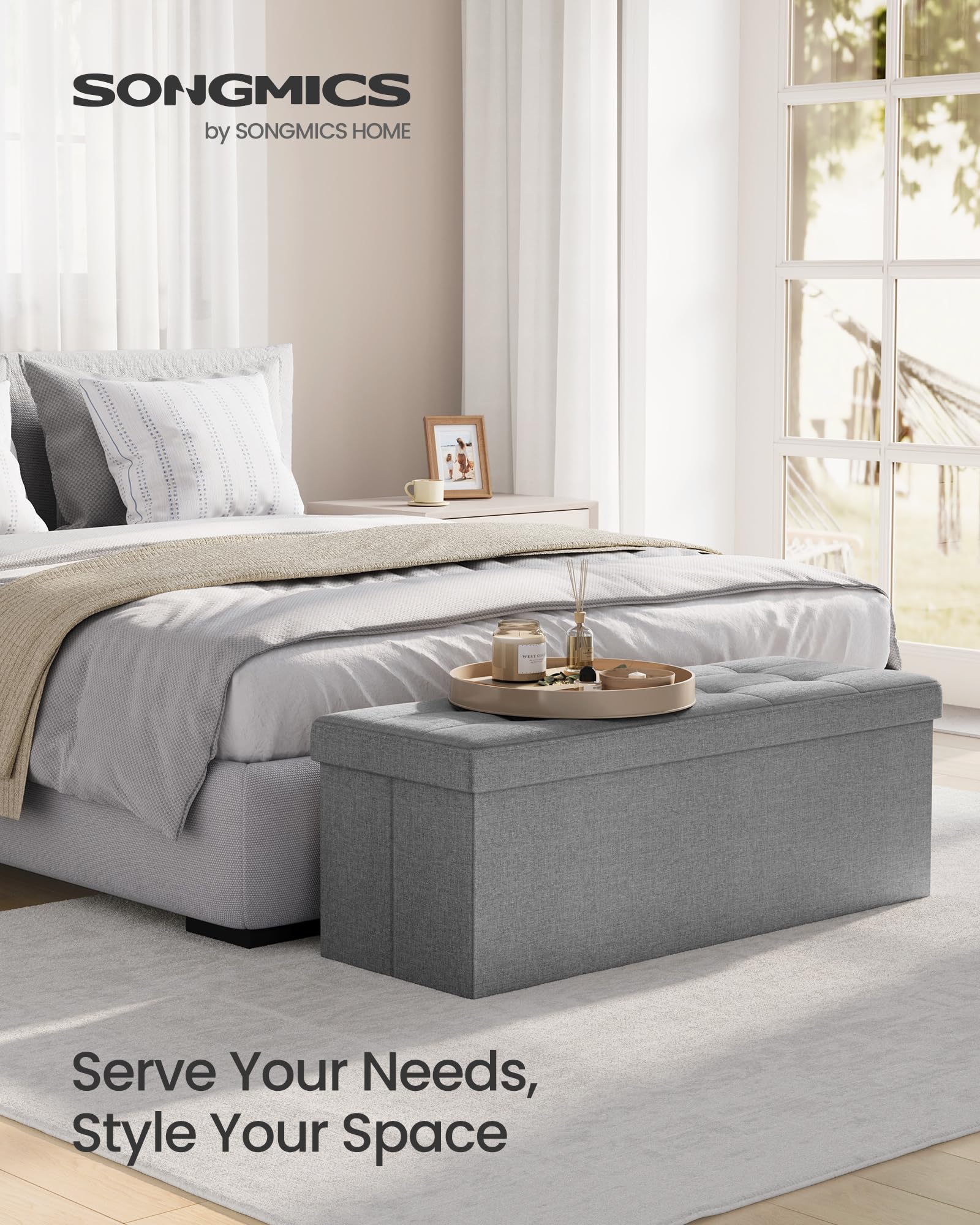 SONGMICS MAZIE Storage Ottoman Bench - 110 cm Folding Foot Rest | 131L Capacity | Light Grey 4