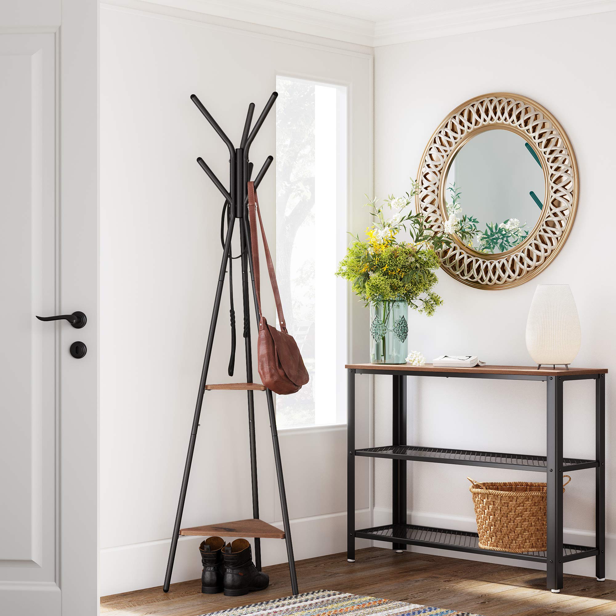 VASAGLE Industrial Style Coat Rack Stand with 6 Hooks and 2 Triangular Shelves | Steel & Fiberboard | 49.5x49.5x179 cm