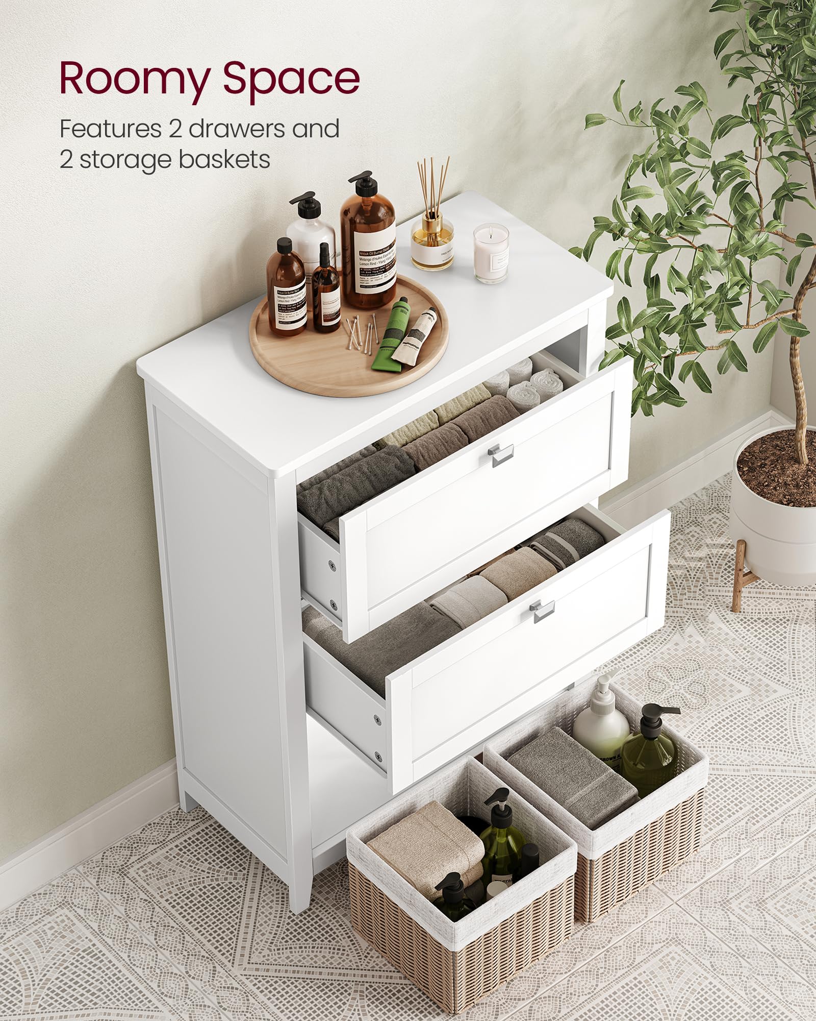 VASAGLE Bathroom Floor Cabinet - Cloud White | 2 Drawers, 1 Shelf, Rattan Baskets | 30x60x80 cm 4