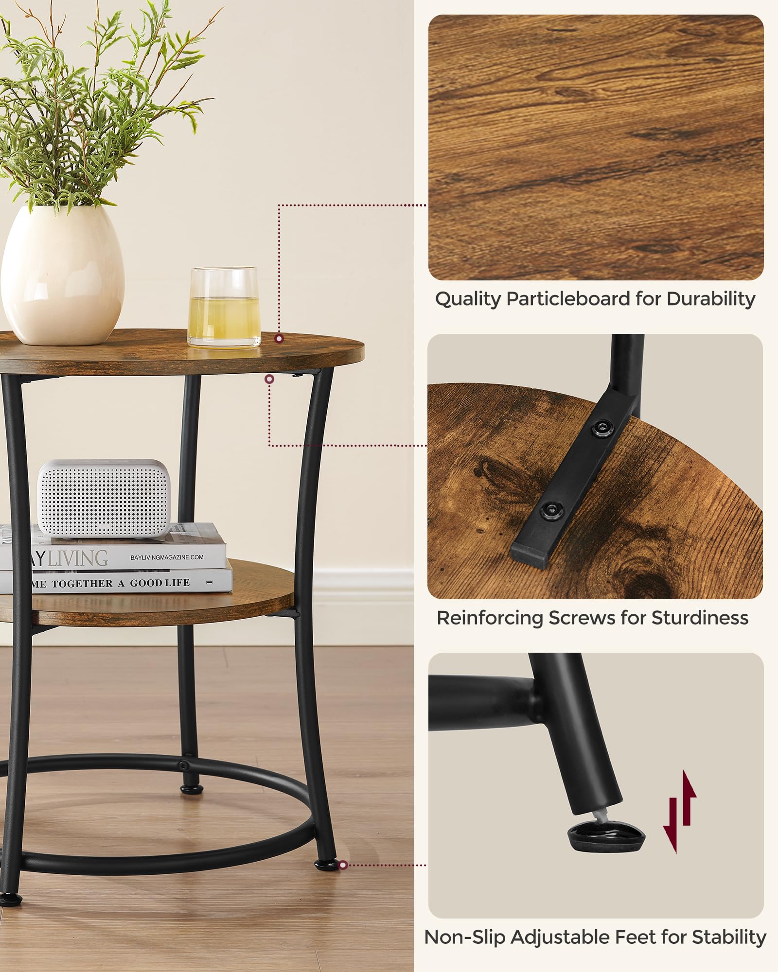 VASAGLE Round End Table - 2 Shelves, Industrial Style | 55 cm Dia | Rustic Brown/Ink Black 5