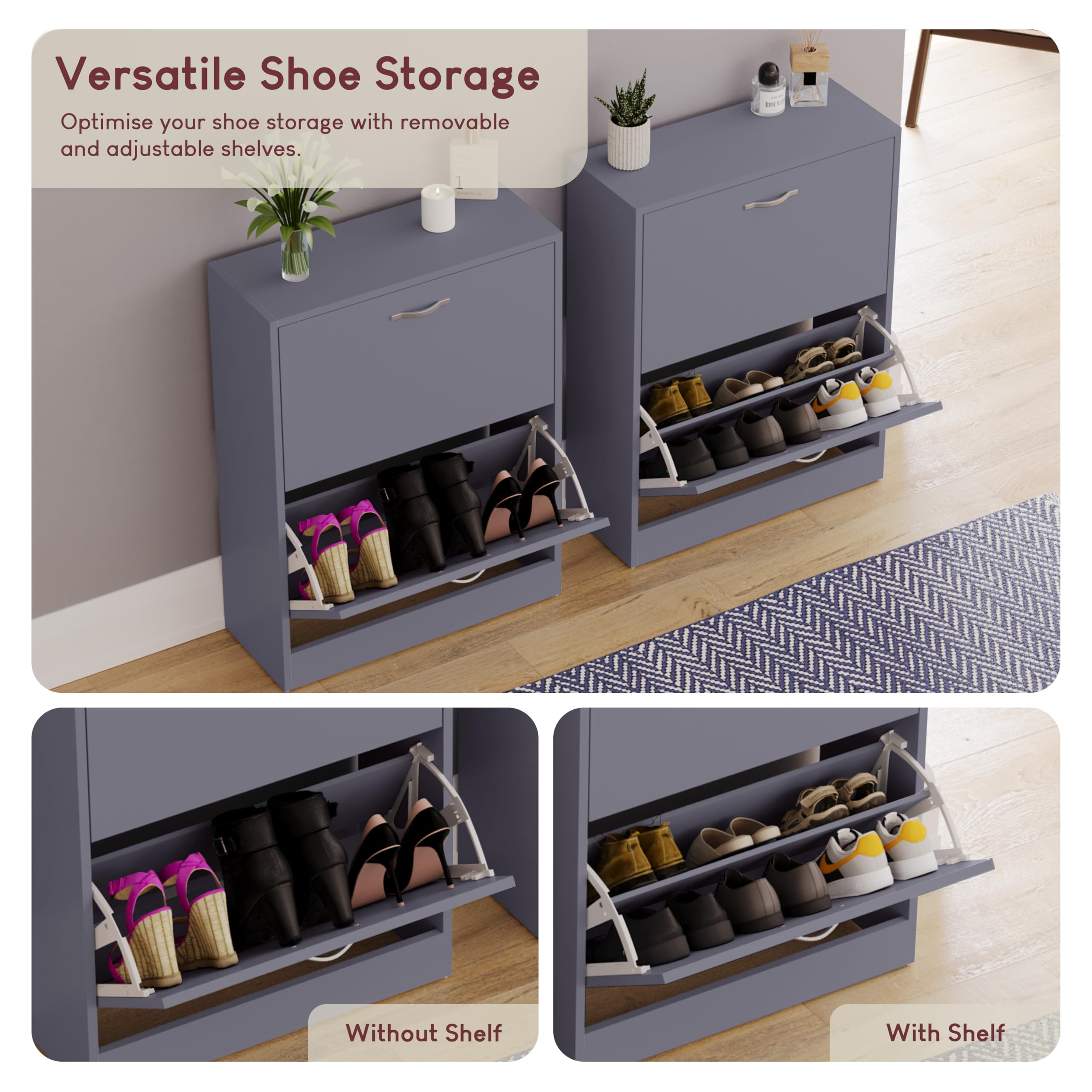 Vida Designs Wooden Shoe Cabinet with 2 Pull-Down Drawers | Slim, Freestanding Storage | Grey 7