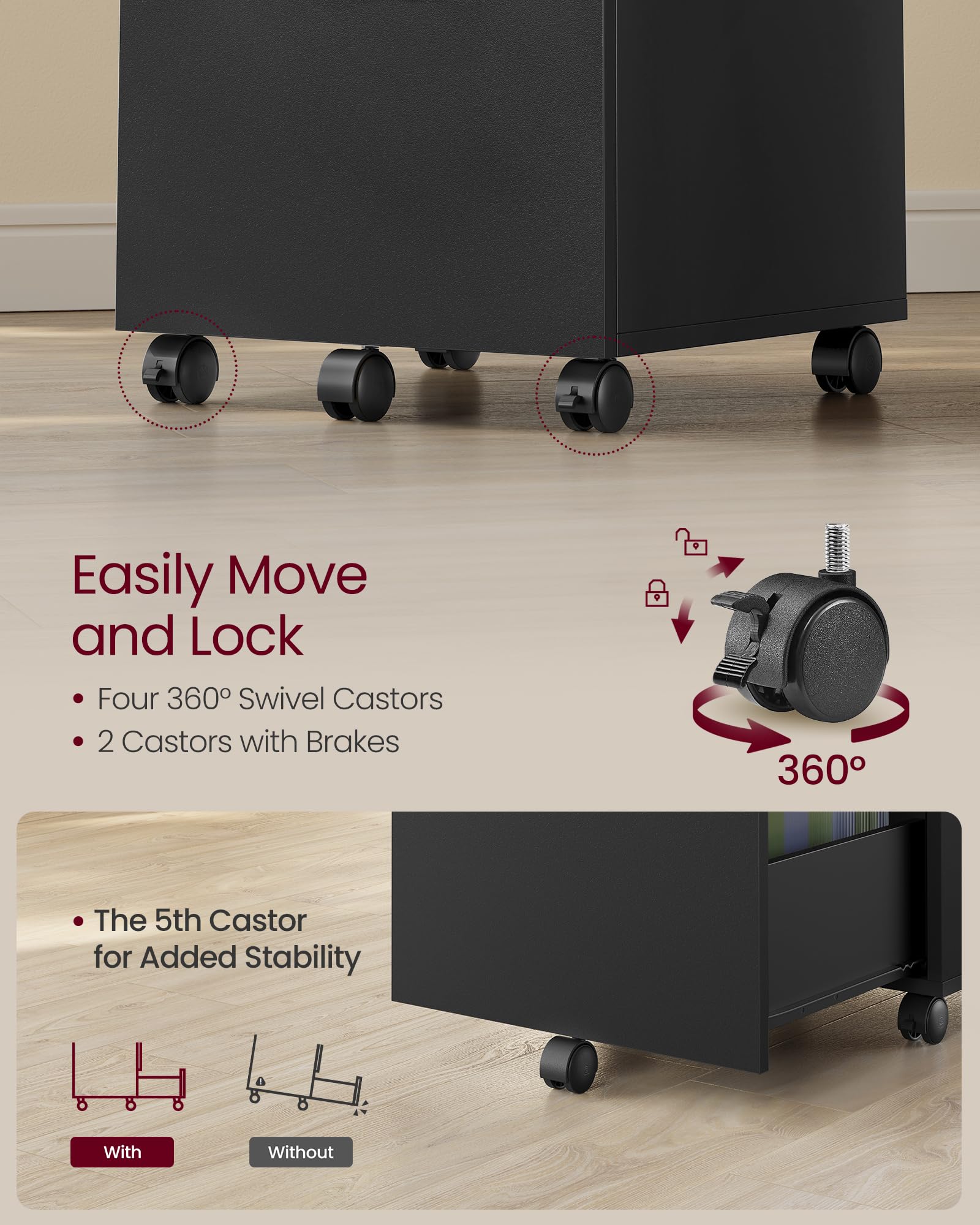 VASAGLE 2-Drawer Mobile File Cabinet - Rolling, Lockable, Printer Stand for A4/Letter Files | Matte Black 6