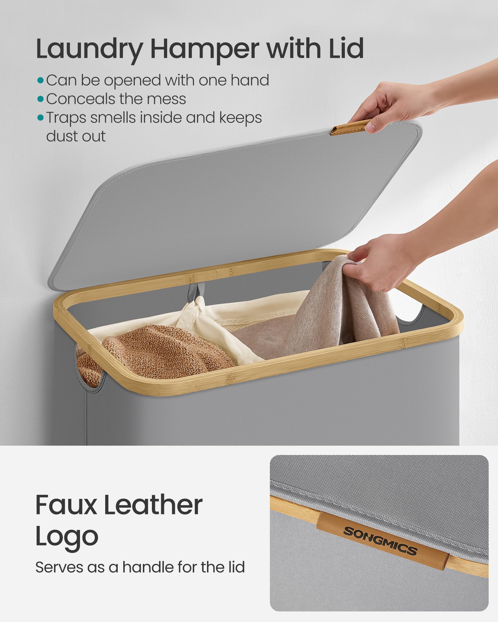 SONGMICS 2-Section Laundry Basket - 130L Capacity, Collapsible, Dove Grey | Oxford Fabric 4