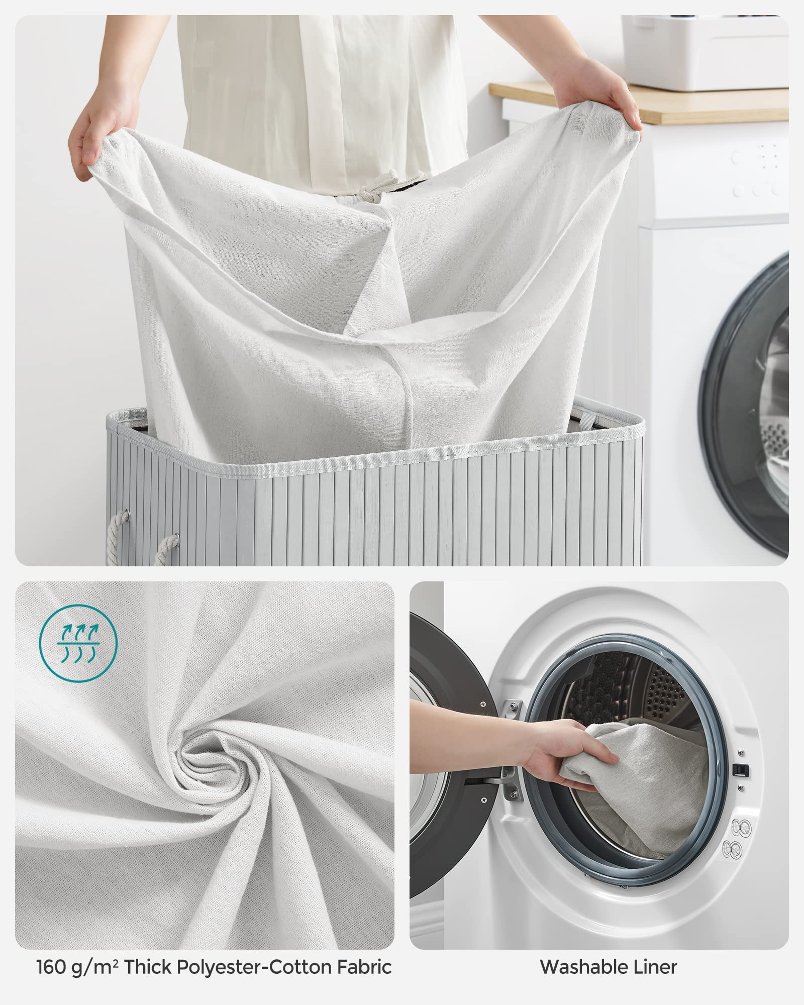 SONGMICS Bamboo Laundry Basket with Lid - 100L Volume, 2 Sorting Compartments, Removable Bag, Grey 5