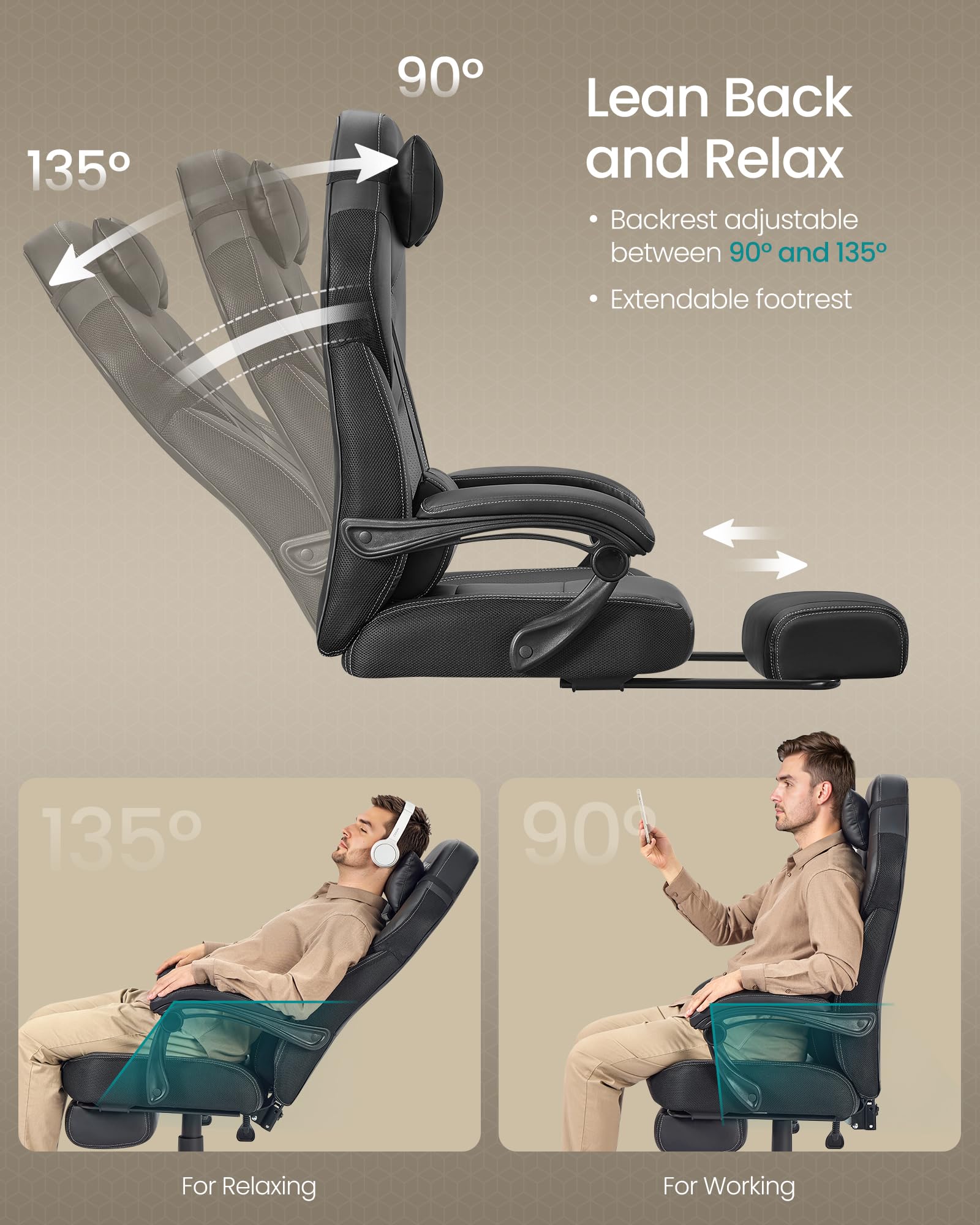 SONGMICS Gaming Chair with Footrest | Synthetic Leather | Ink Black | 70 x 70 x 121-133 cm 7