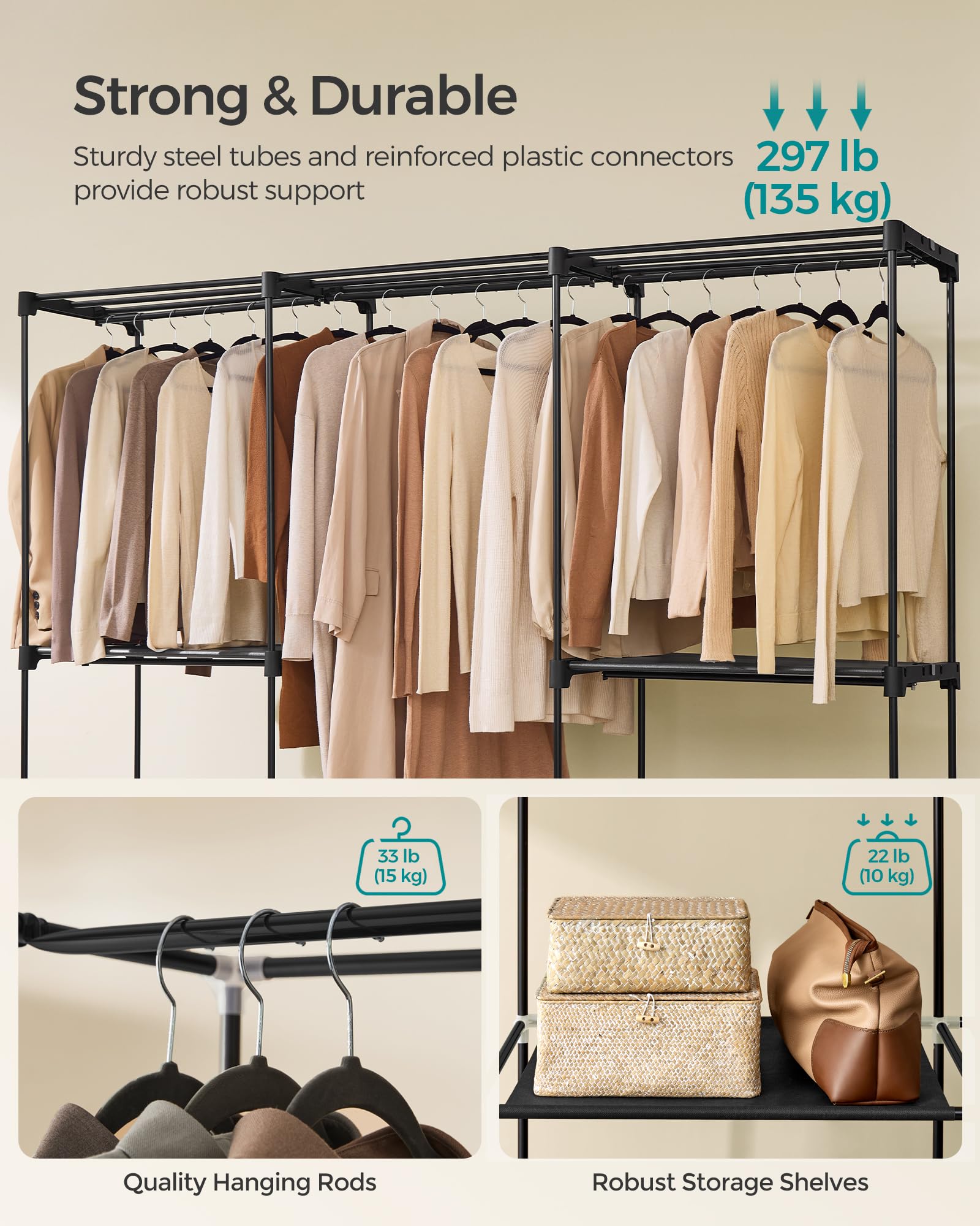 SONGMICS Portable Clothes Wardrobe - Ink Black | 5 Hanging Areas, 6 Shelves | 205W x 166H cm 3