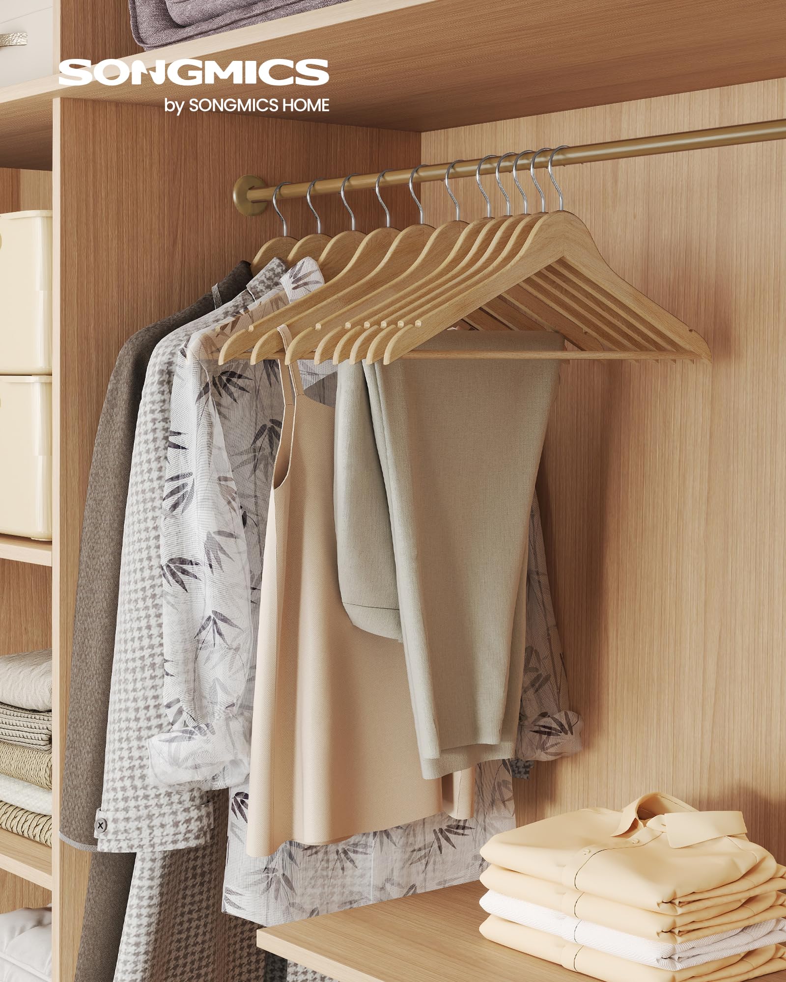 SONGMICS Wooden Hangers - 10 Pack Coat Hangers with Pants Bar | 0.8cm Slim Design | 5kg Capacity 2