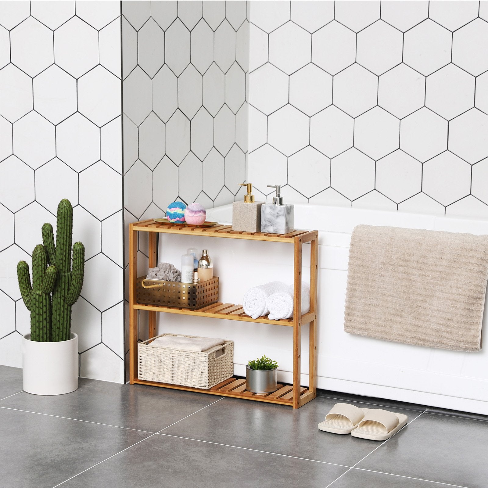 SONGMICS Adjustable Bamboo Standing Shelf Unit - 3 Tiers | Natural Color | 60 x 15 x 54 cm 5