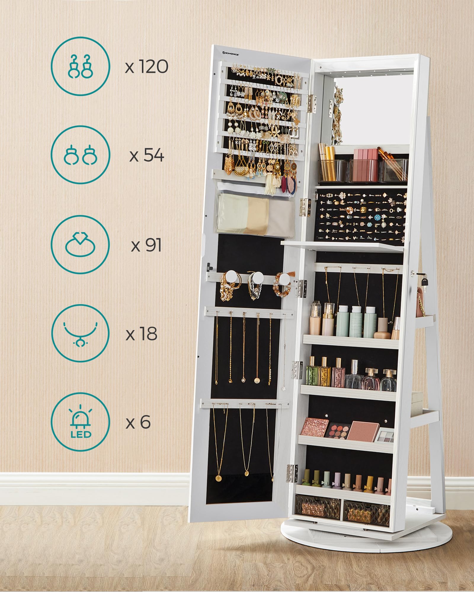 SONGMICS 6 LED Mirror Jewellery Cabinet - 360° Swivel, Lockable, Full-Length Mirror | White/Black 4