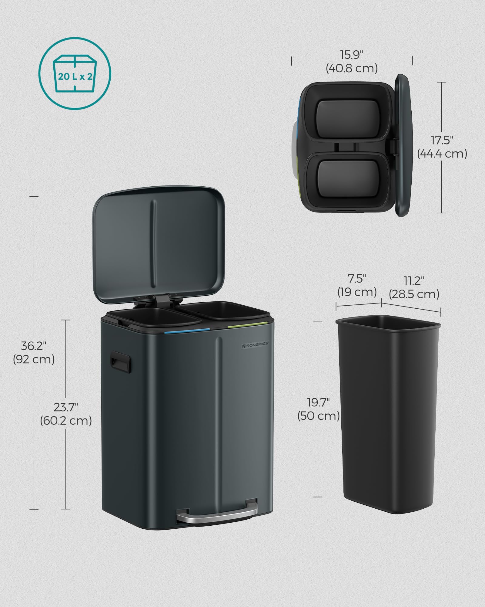 SONGMICS Grey-Green Kitchen Bin with Two 20L Inner Buckets | Steel Construction | Quiet Close 7
