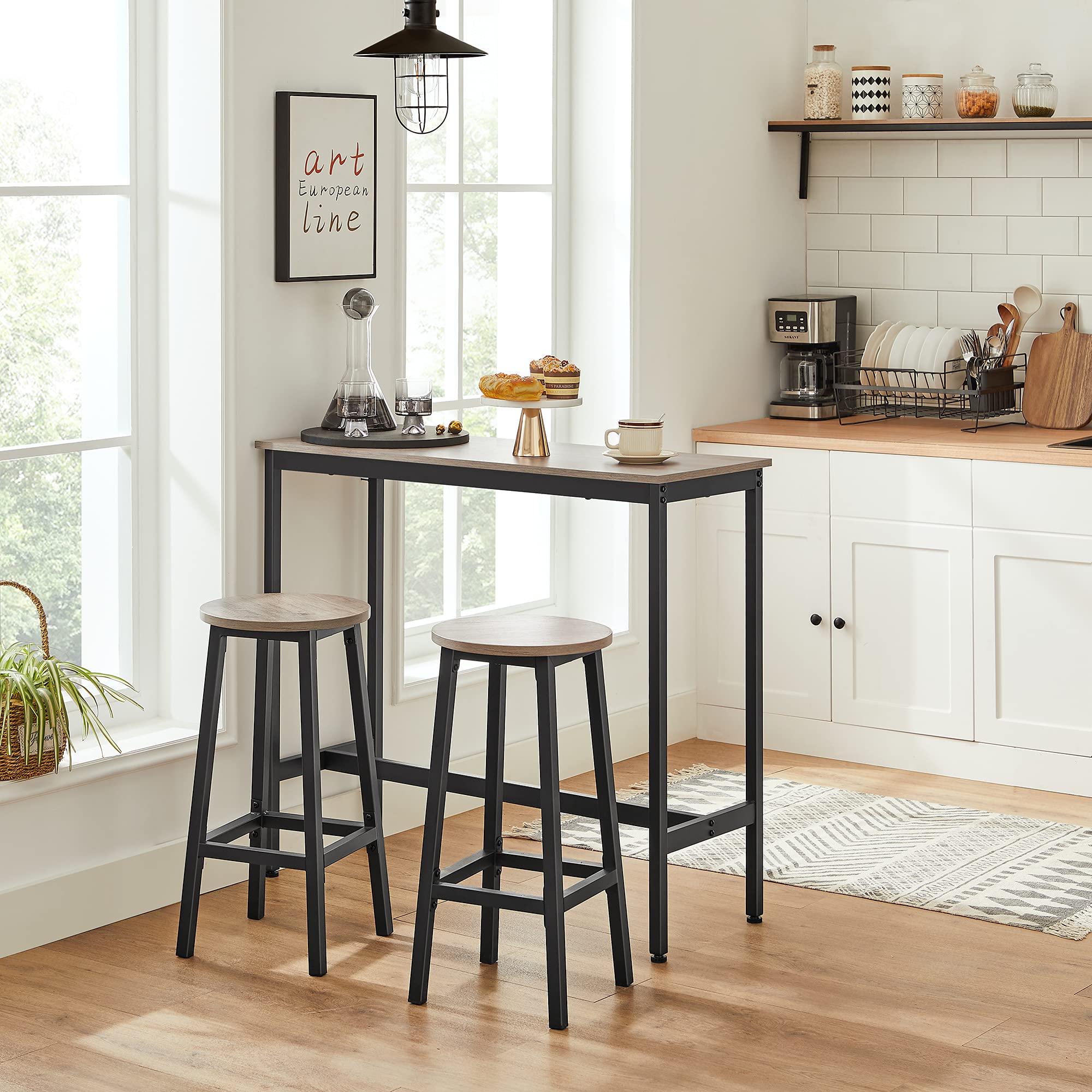 VASAGLE Bar Stools Set of 2 - Metal Frame & Footrest | Greige & Black | 65 cm H 2
