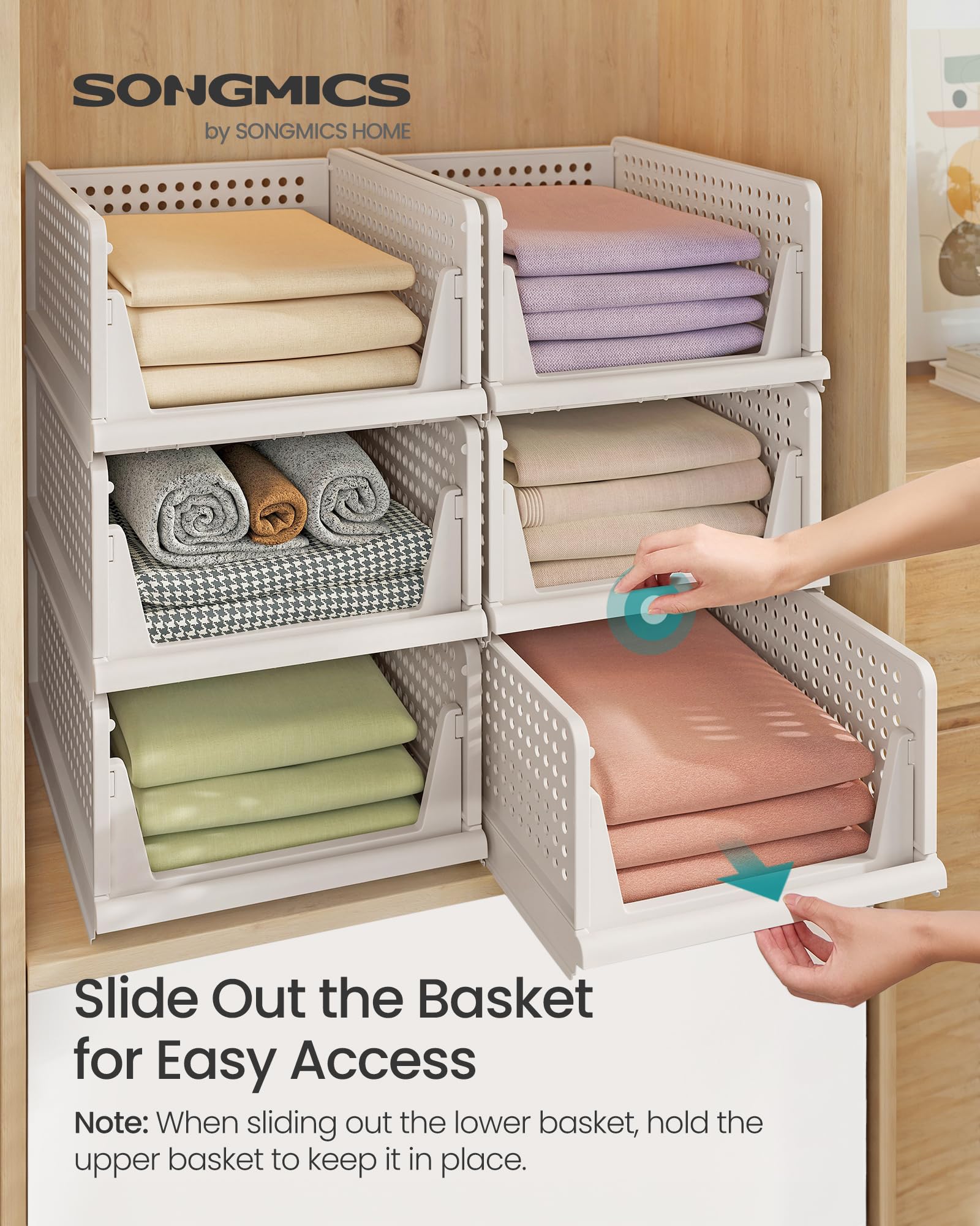 SONGMICS Stackable Wardrobe Storage - Set of 6 Foldable Closet Organisers | White Polypropylene 3