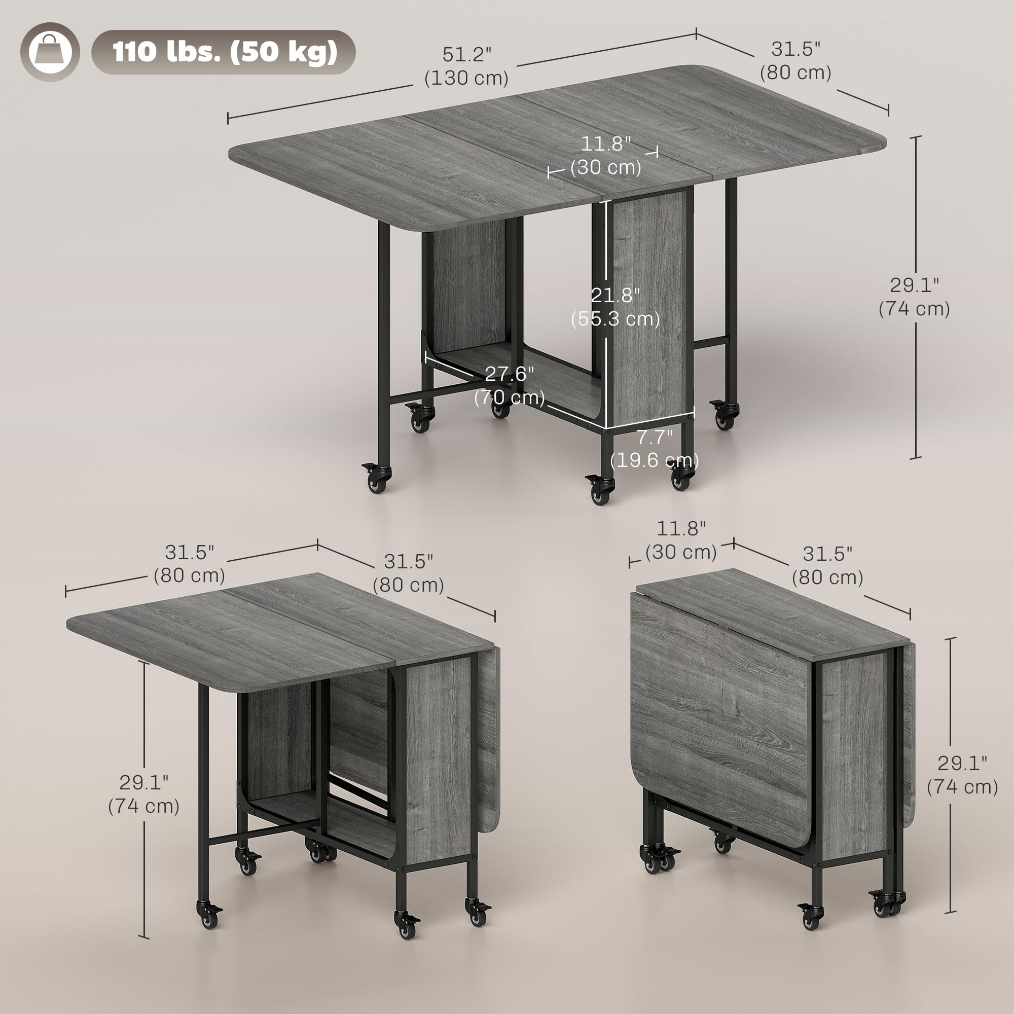 HOMCOM Mobile Drop Leaf Dining Table - Extendable, Foldable, with 6 Wheels & Storage | Grey 3