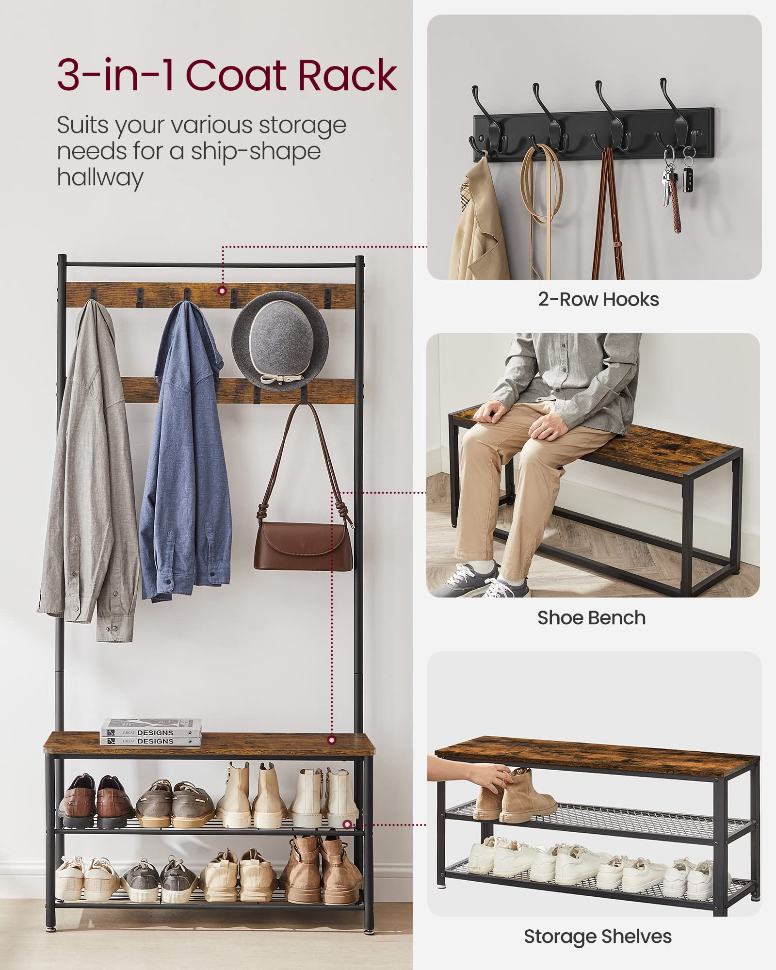 VASAGLE Coat Rack - 3-in-1 Hall Tree with Shoe Storage Bench | 9 Hooks | Rustic Brown & Black 3