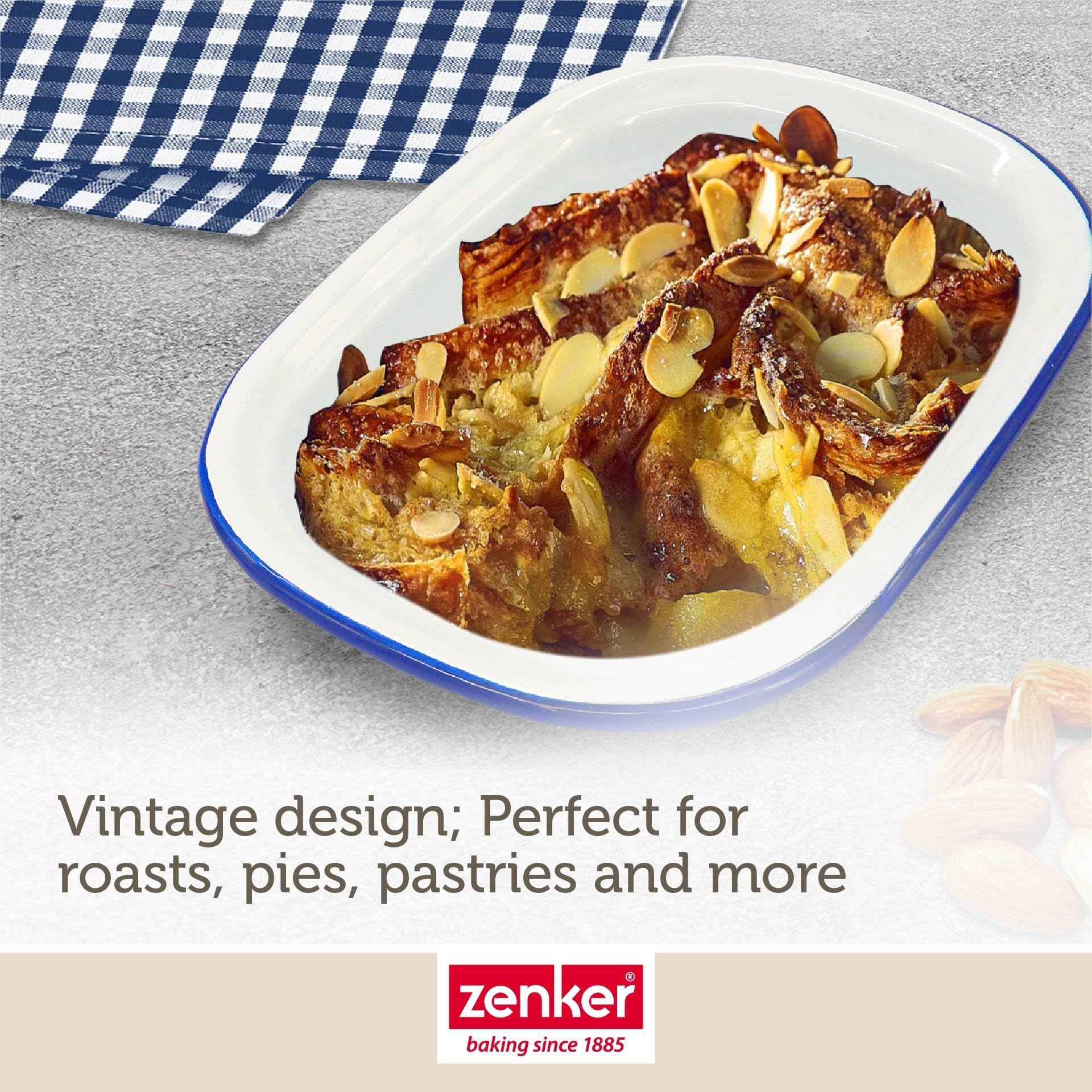 Zenker Enamel Small Pie Dish - Vintage Design, Air Fryer Compatible, 19.5x14.5cm, White & Blue 4
