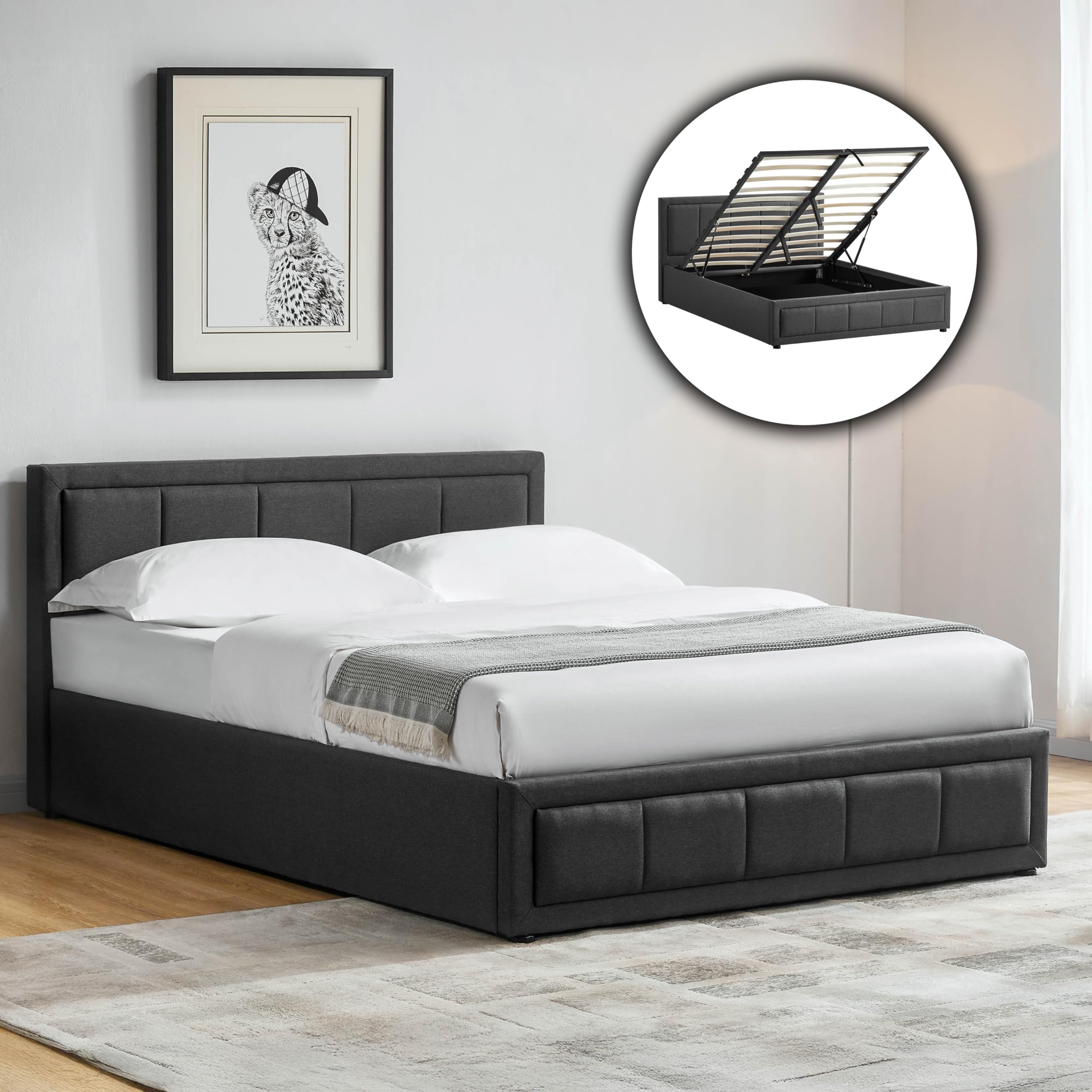 Vida Designs Vanita Double Ottoman Fabric Bed Frame - Dark Grey | Linen Upholstery | Storage 1