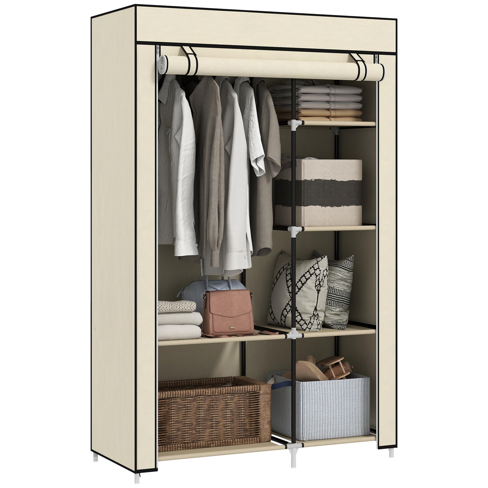 HOMCOM Portable Fabric Wardrobe - 6 Shelves, Hanging Rail | Cream White | 103W x 43D x 162.5H cm 1