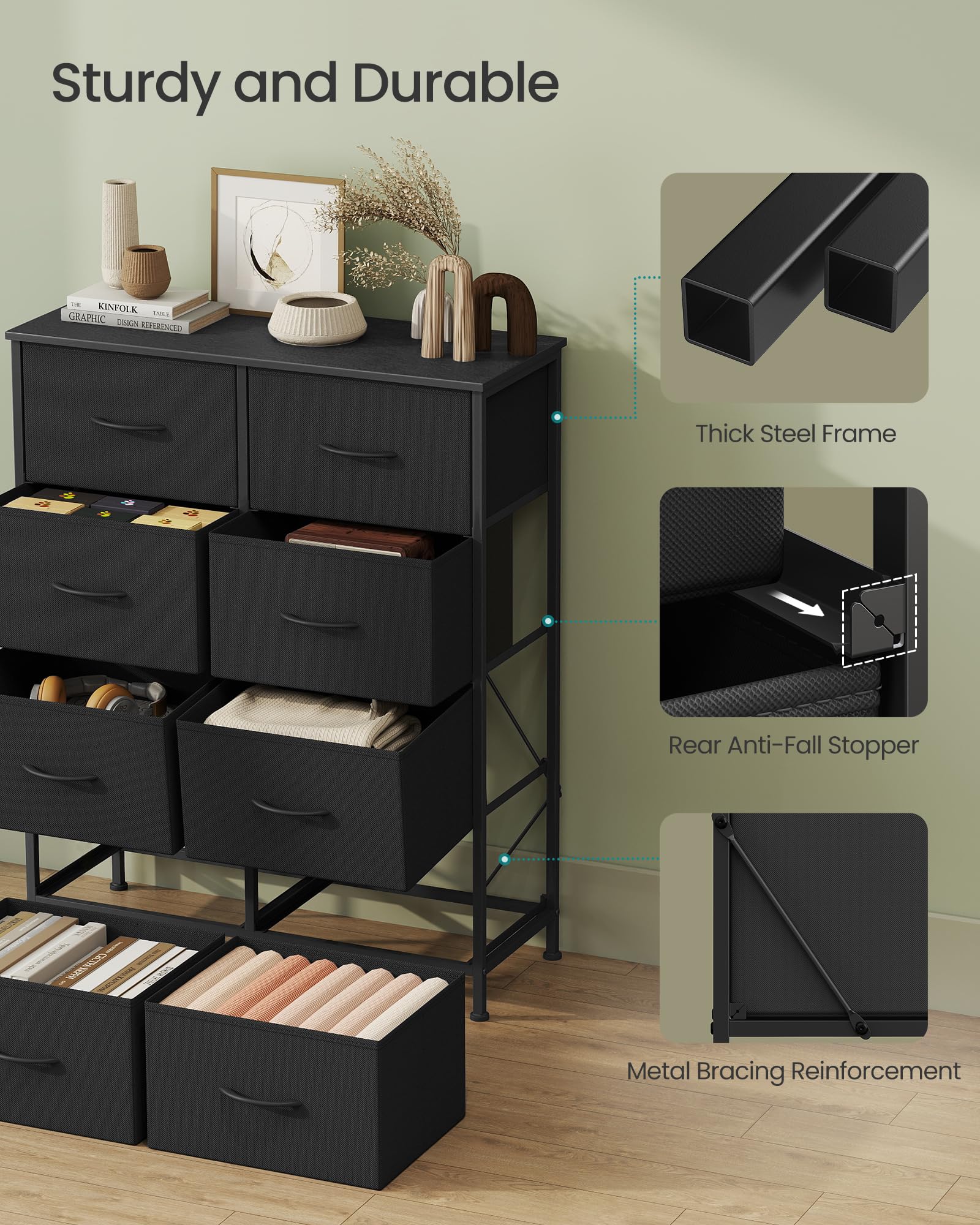 SONGMICS Chest of Drawers - 8 Fabric Drawers Storage Unit | Steel Frame | Ink Black/Ebony Black 6