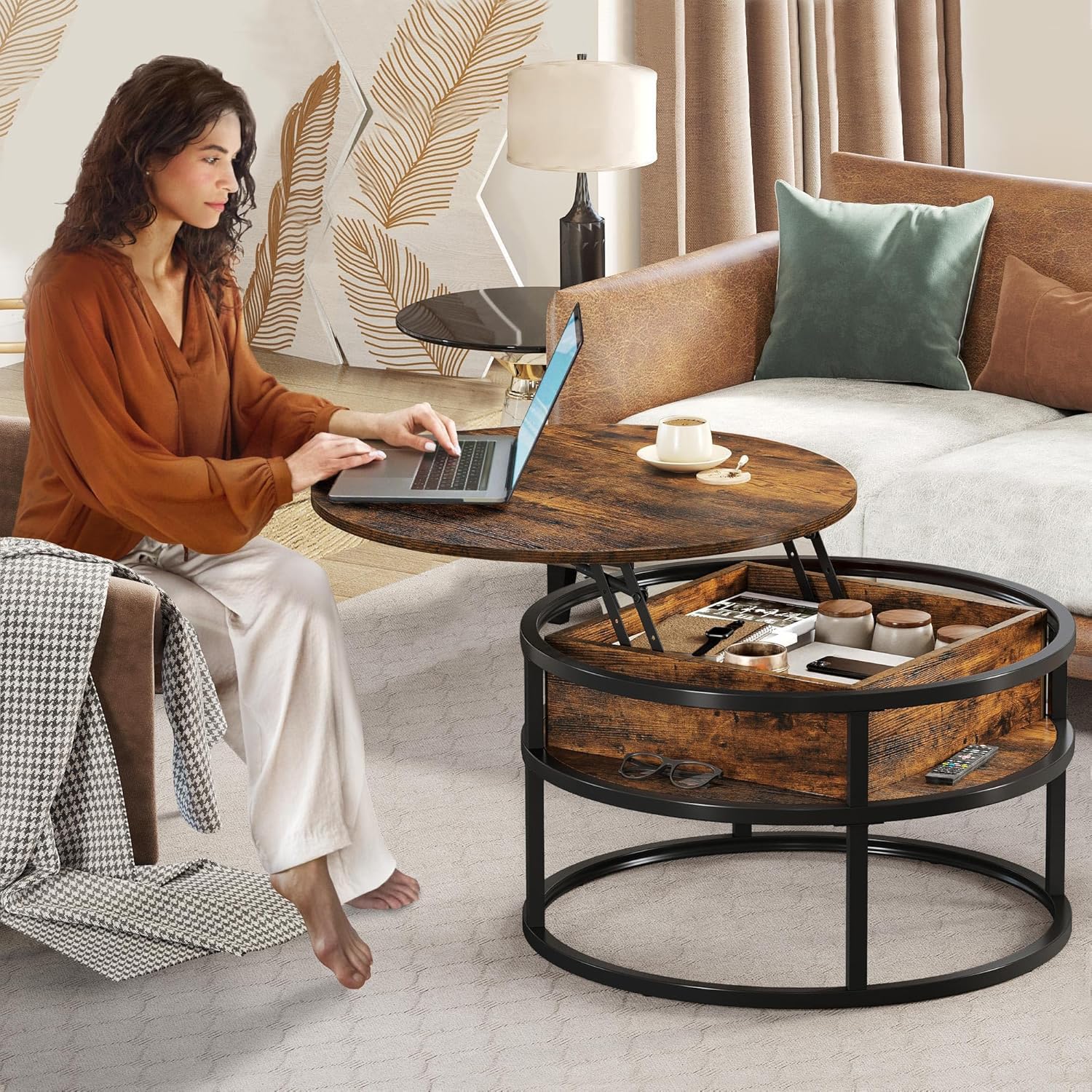 YITAHOME Round Lift Top Coffee Table - Storage, Modern Style, Brown | 80x80x47cm 2