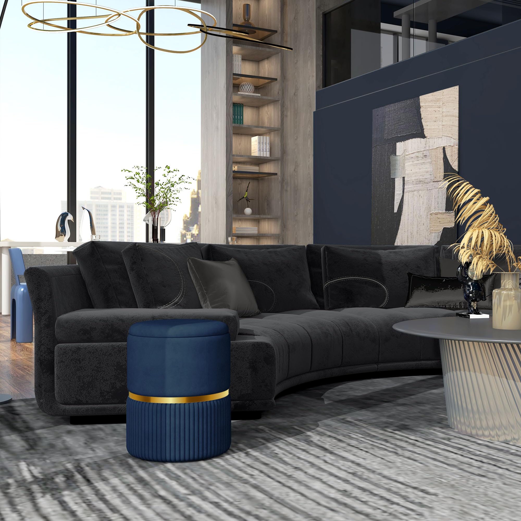 HOMCOM Round Storage Ottoman - Dark Blue Velvet-Feel Fabric | Hidden Storage | 120kg Load 2
