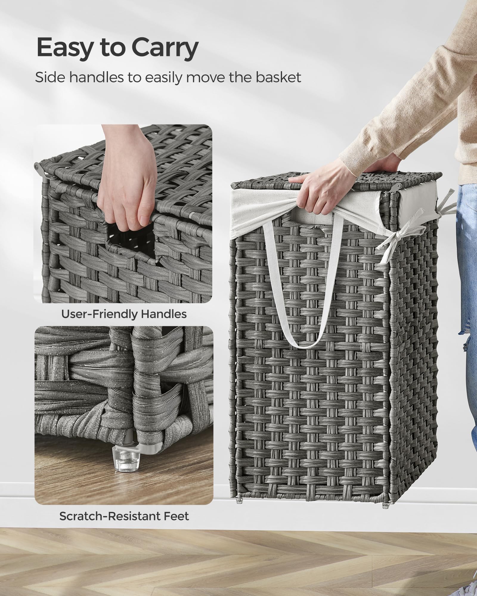 SONGMICS 90L Foldable Laundry Basket with Lid and Removable Bag | Grey | 46x33x60cm 4
