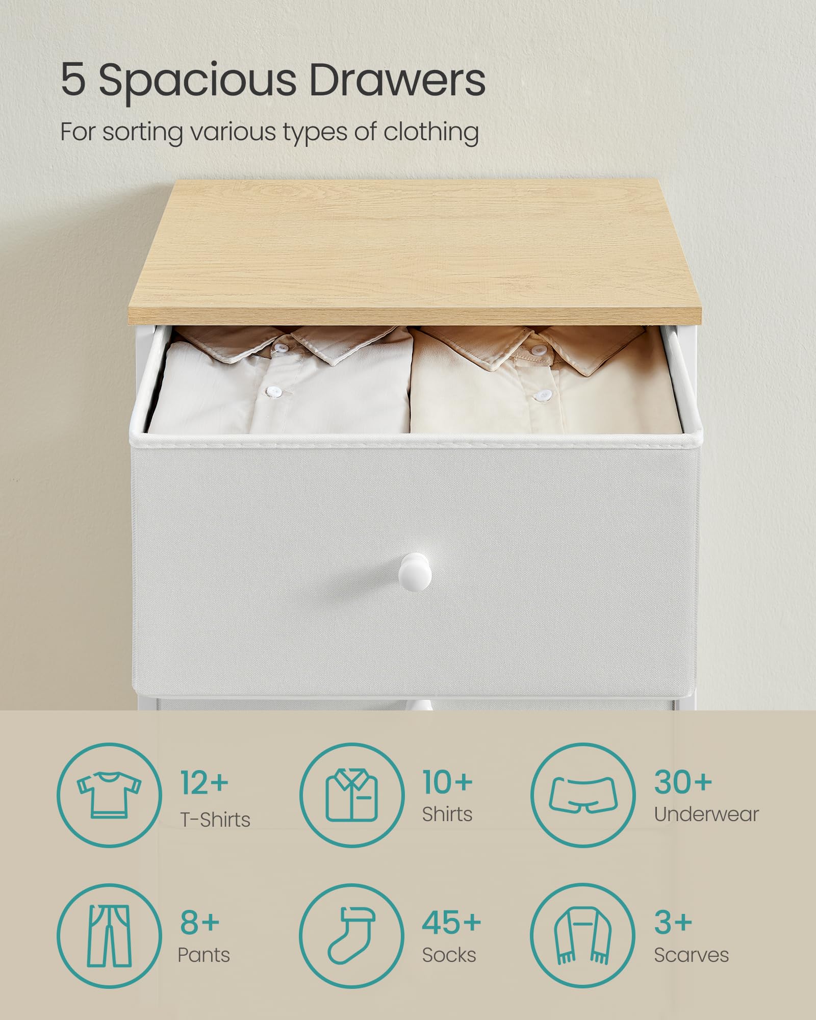 SONGMICS 5-Drawer Chest of Drawers - Tall Slim Storage Unit with Metal Frame | Camel Yellow & Cream White 5