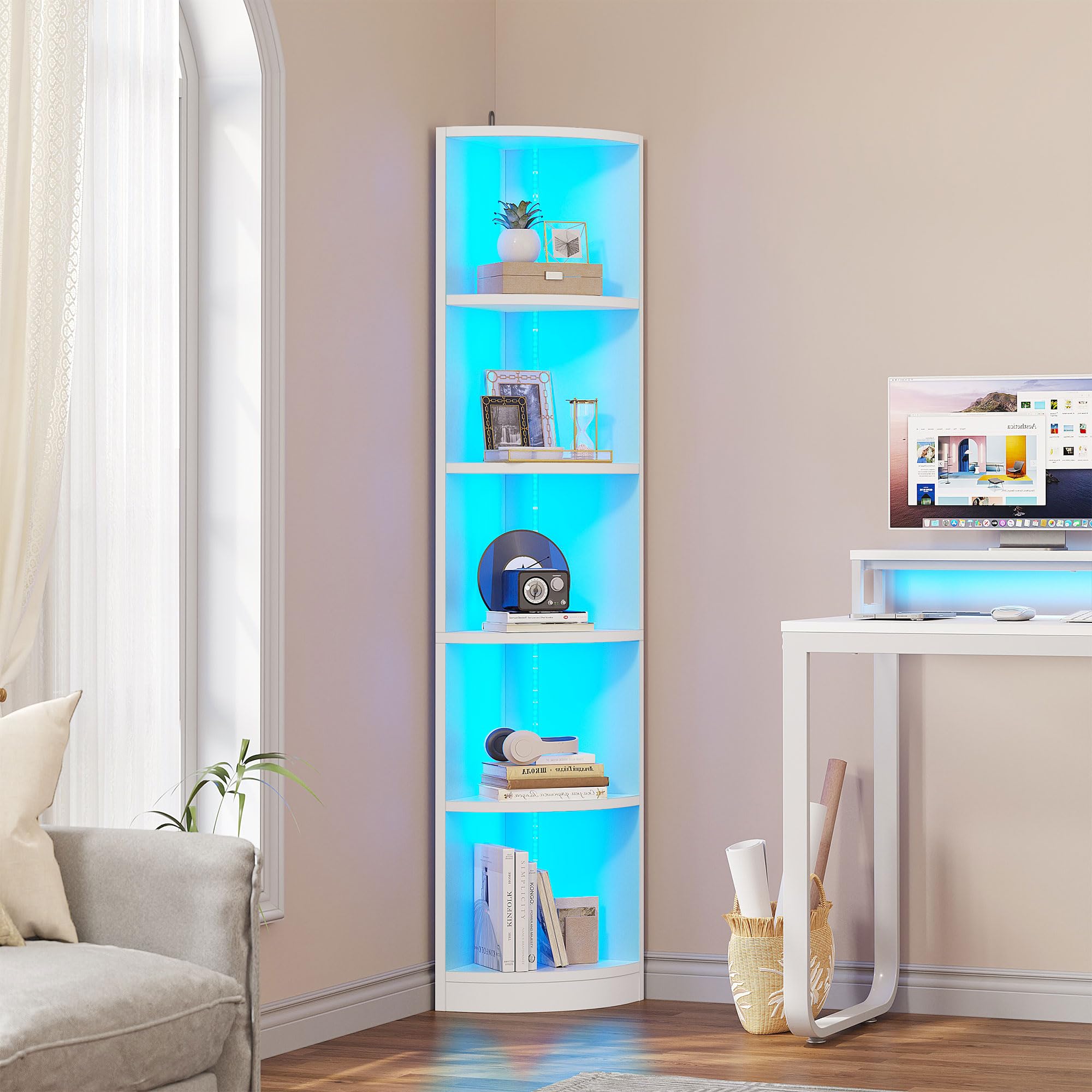 YITAHOME 5 Tier Corner Bookshelf with Voice-Activated LED Lighting | Engineered Wood | White 7