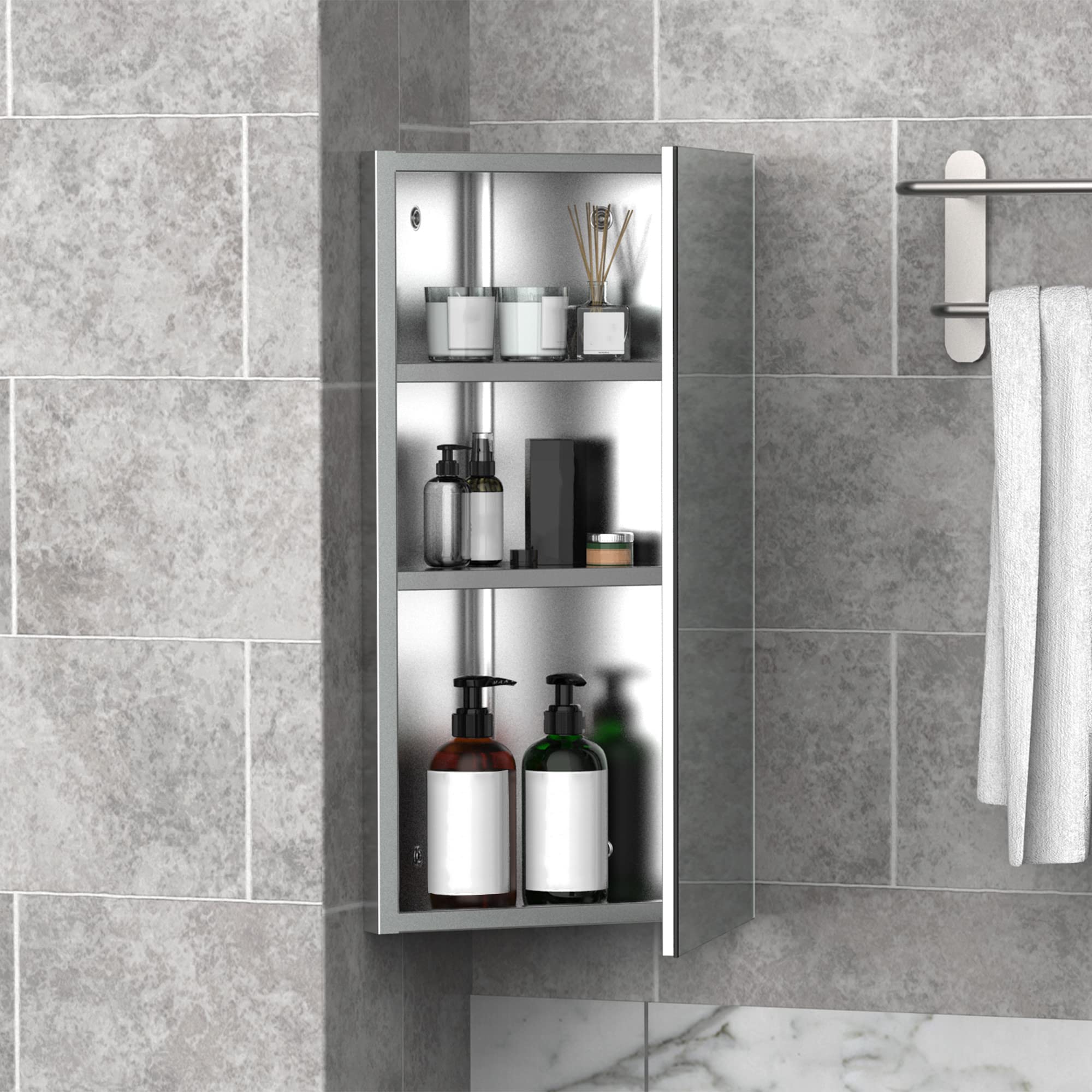 HOMCOM Wall Mount Corner Mirror Cabinet - Stainless Steel | 3 Shelves | Space Saving 4