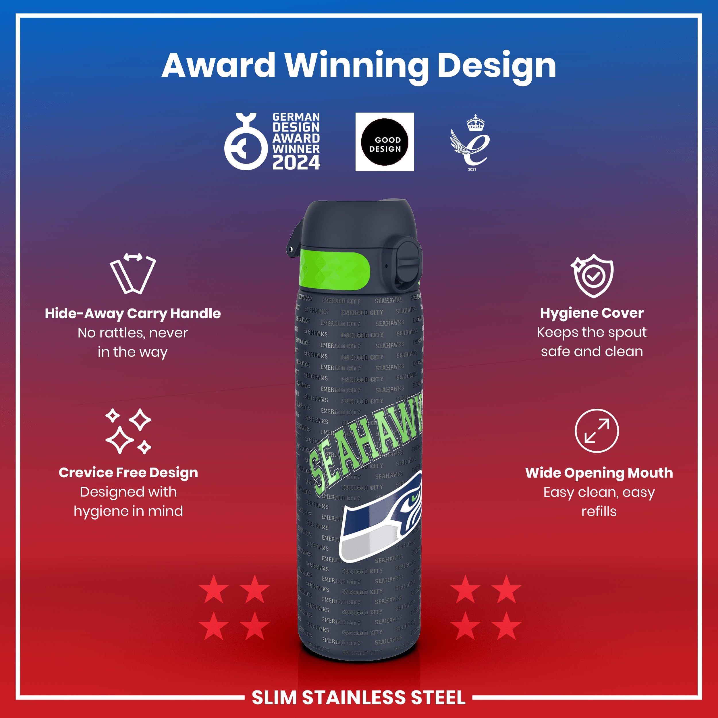 Ion8 NFL Seahawks Lightweight Steel Water Bottle - 600 ml | Leak Proof | Dishwasher Safe 7
