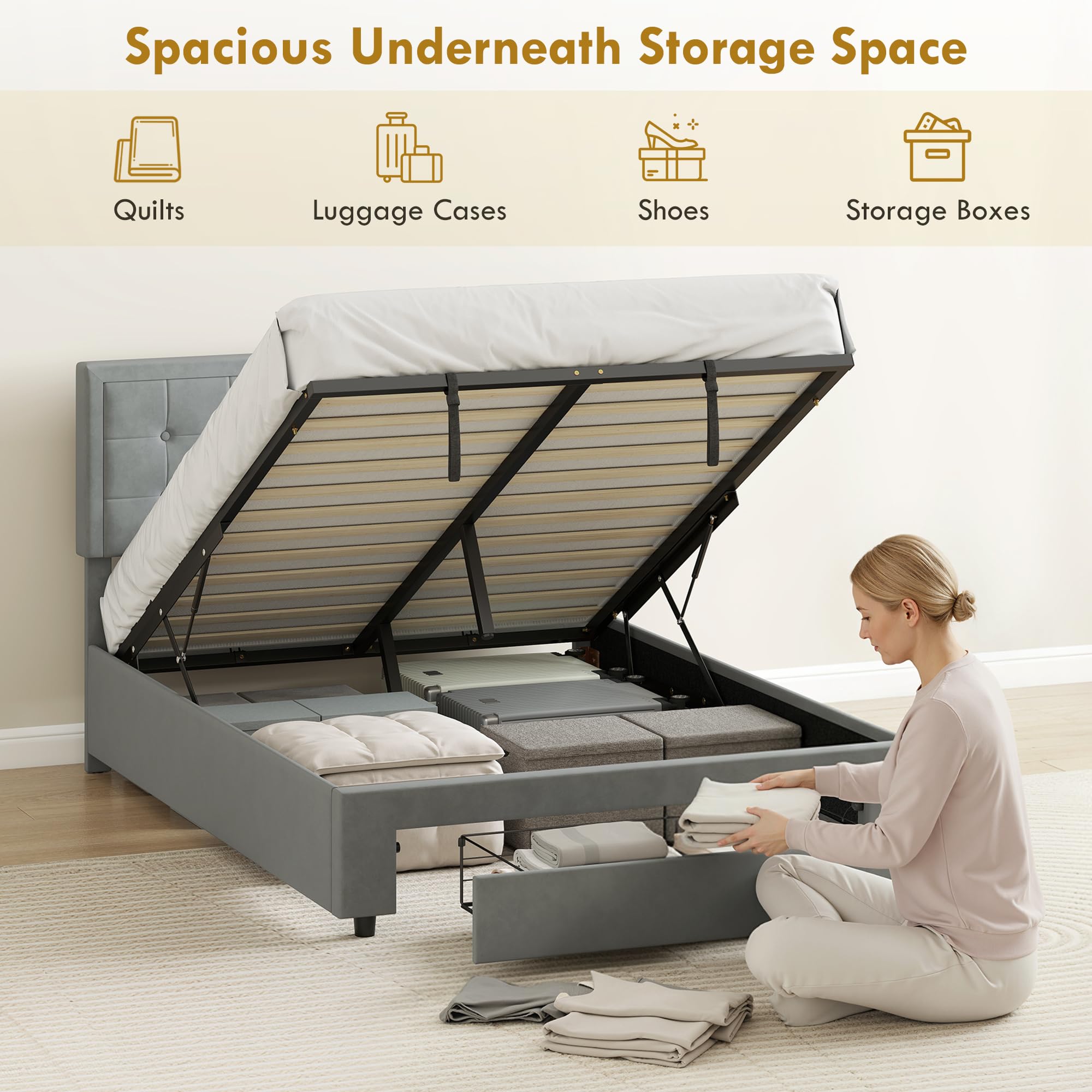 HOMCOM Upholstered Ottoman Bed Frame - Grey Double with Storage Drawer & Adjustable Headboard 4