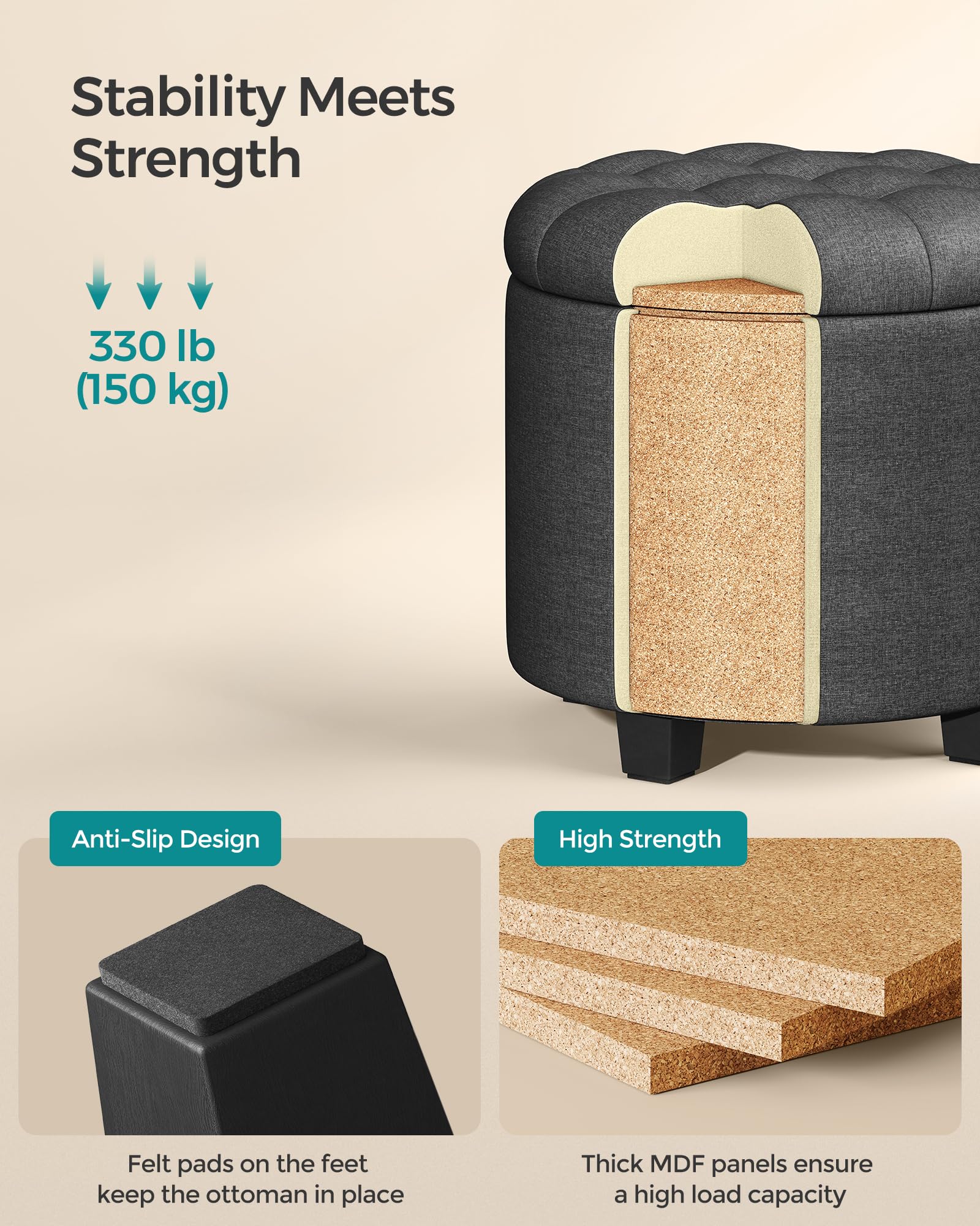 SONGMICS Round Storage Ottoman - Dark Grey Linen-Look | Supports 150 kg | 45 x 45 x 44.5 cm 4