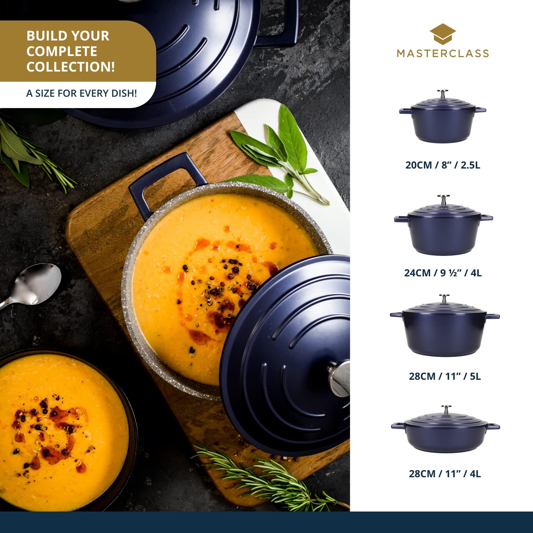 MasterClass Shallow Casserole Dish with Lid - 4 Litre, 28 cm, Lightweight Cast Aluminium, Blue 8