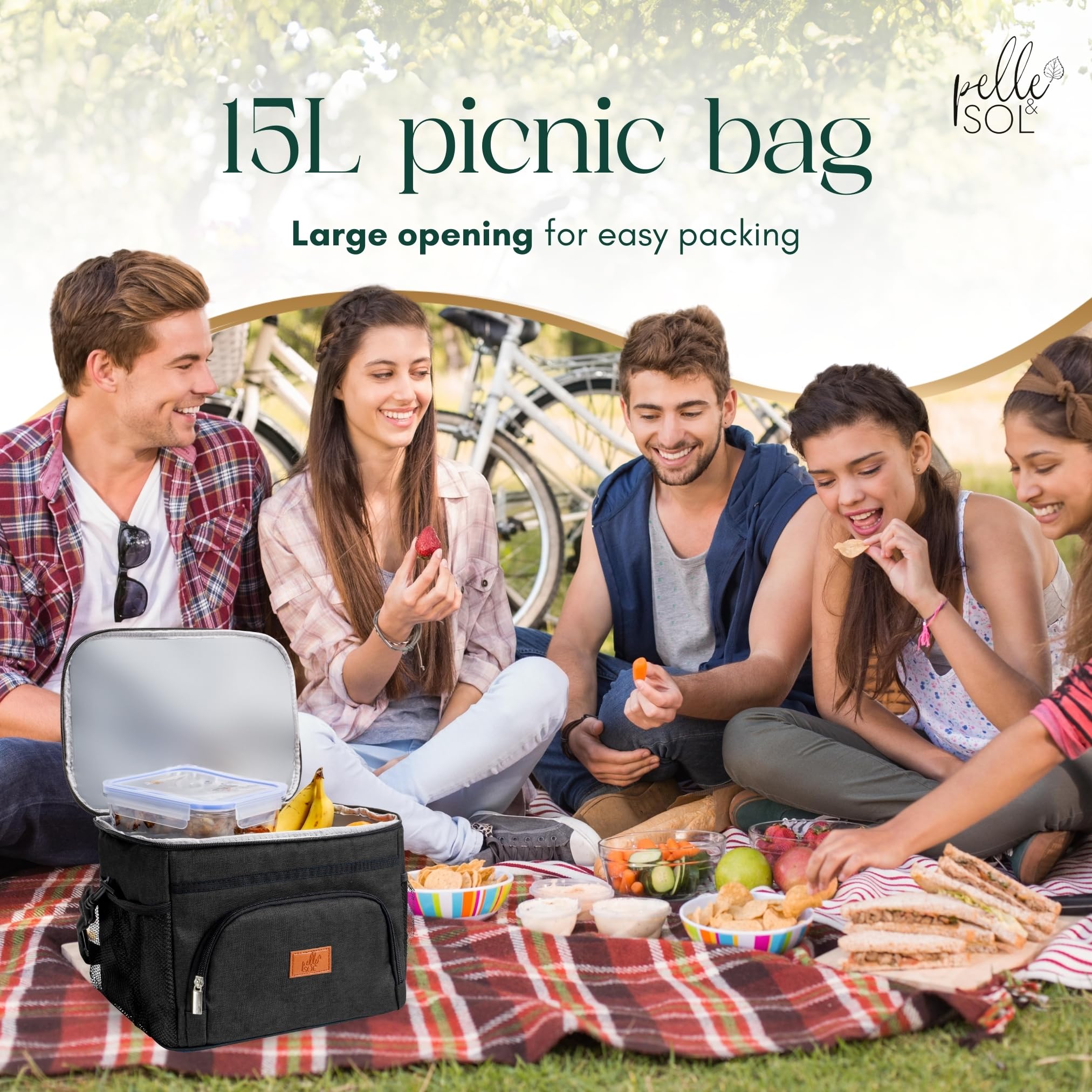 Pelle & Sol 15L Insulated Lunch Bag - Cooler Tote with Strap | Oxford Fabric | Black 7