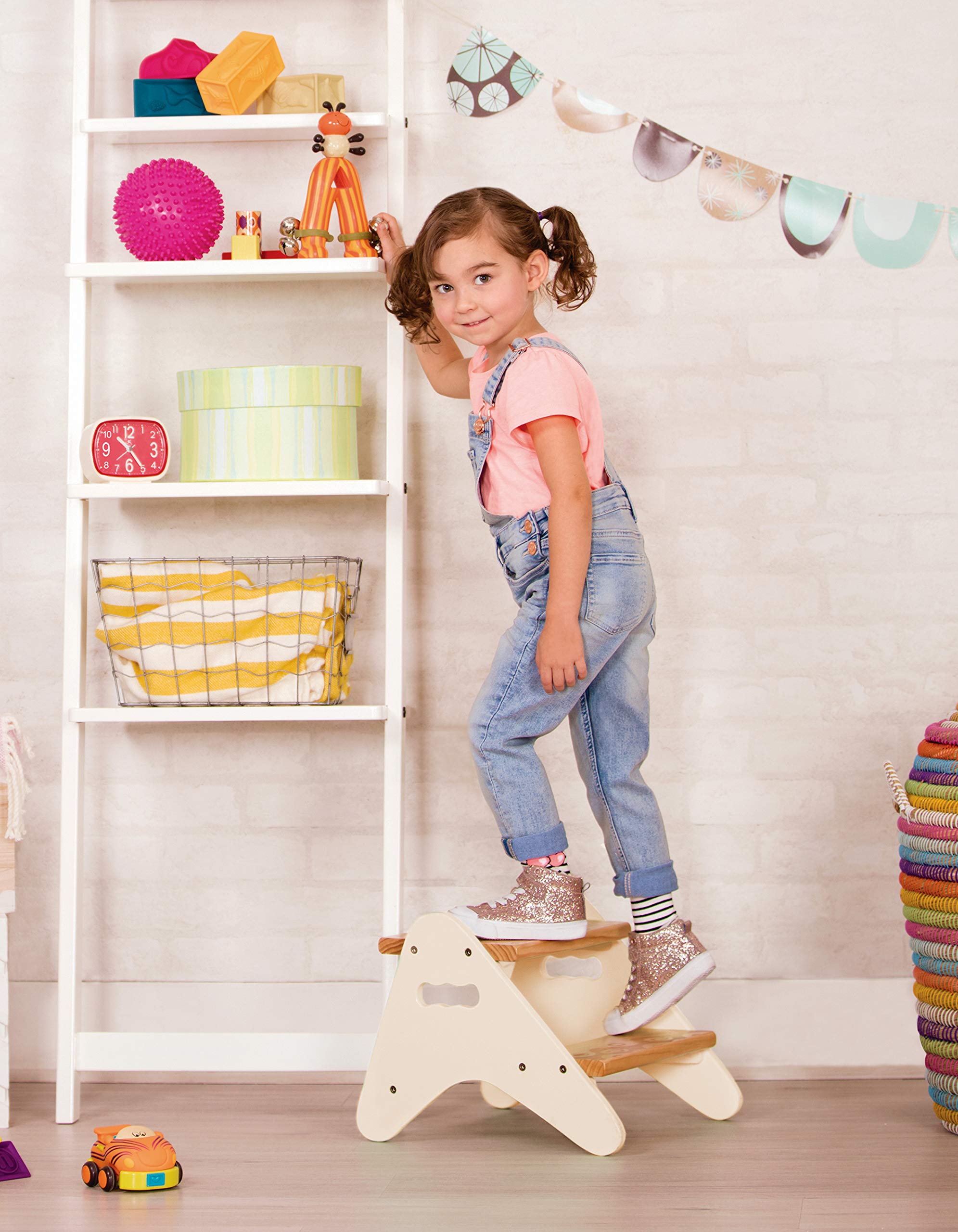 B. toys 2-Step Wooden Stool for Kids | Ivory & Wood Finish | Supports up to 70 kg