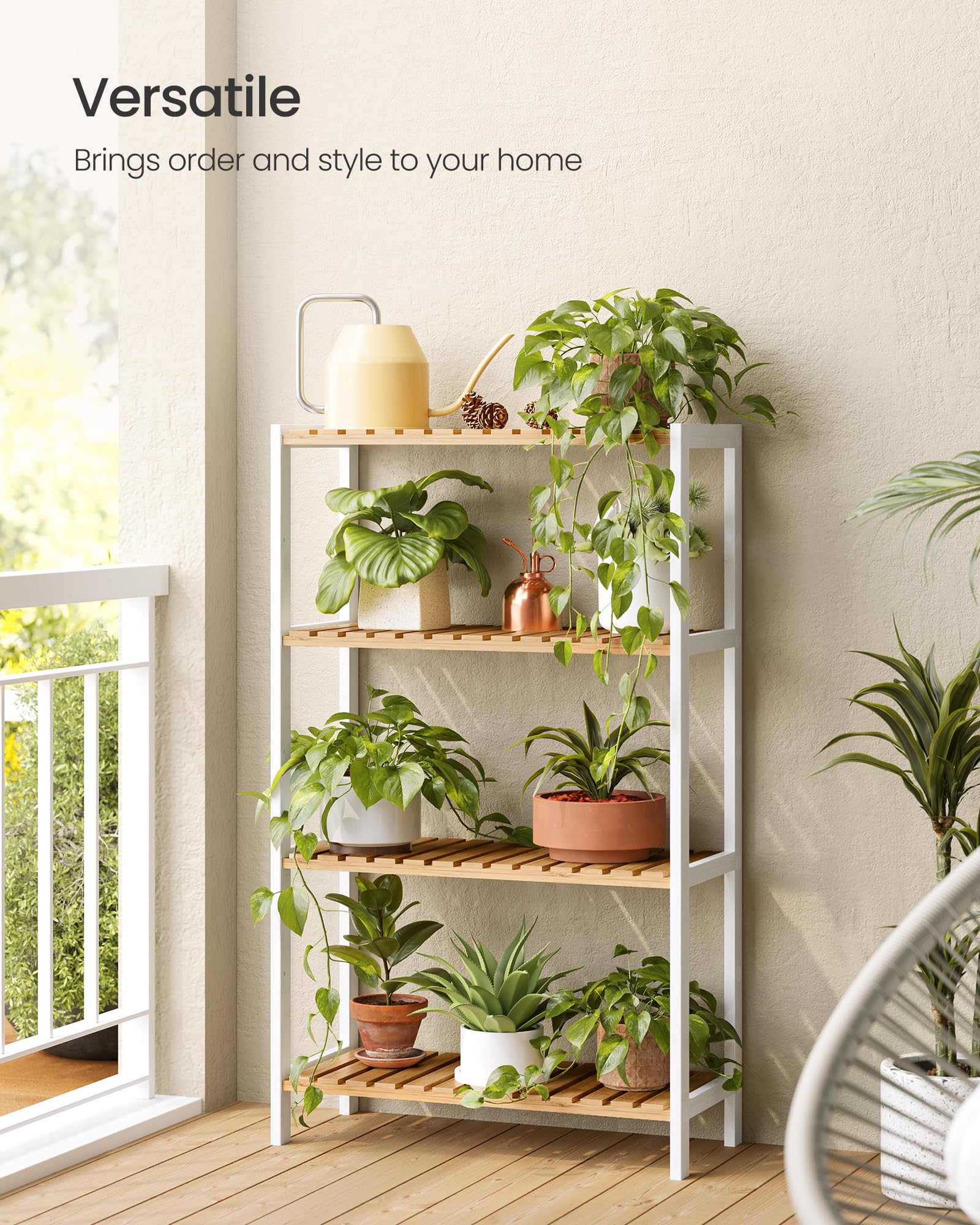 SONGMICS Bamboo Storage Shelf - 4-Tier Freestanding Unit | Natural + White | 60x26x100 cm 4