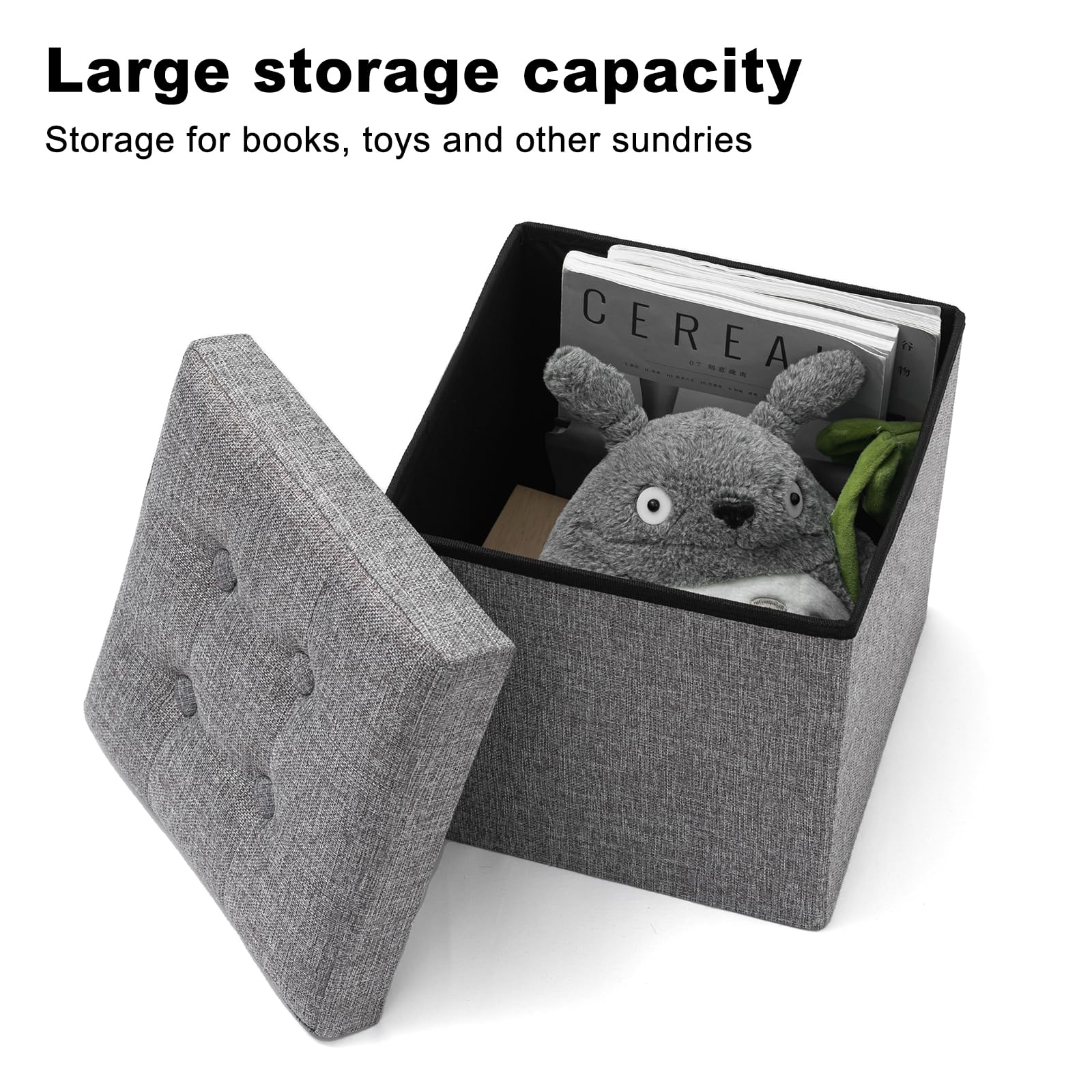 Oak & Tea Storage Ottoman Bench - Foldable, Padded Seat | Grey Linen | 30x30x30 cm 3