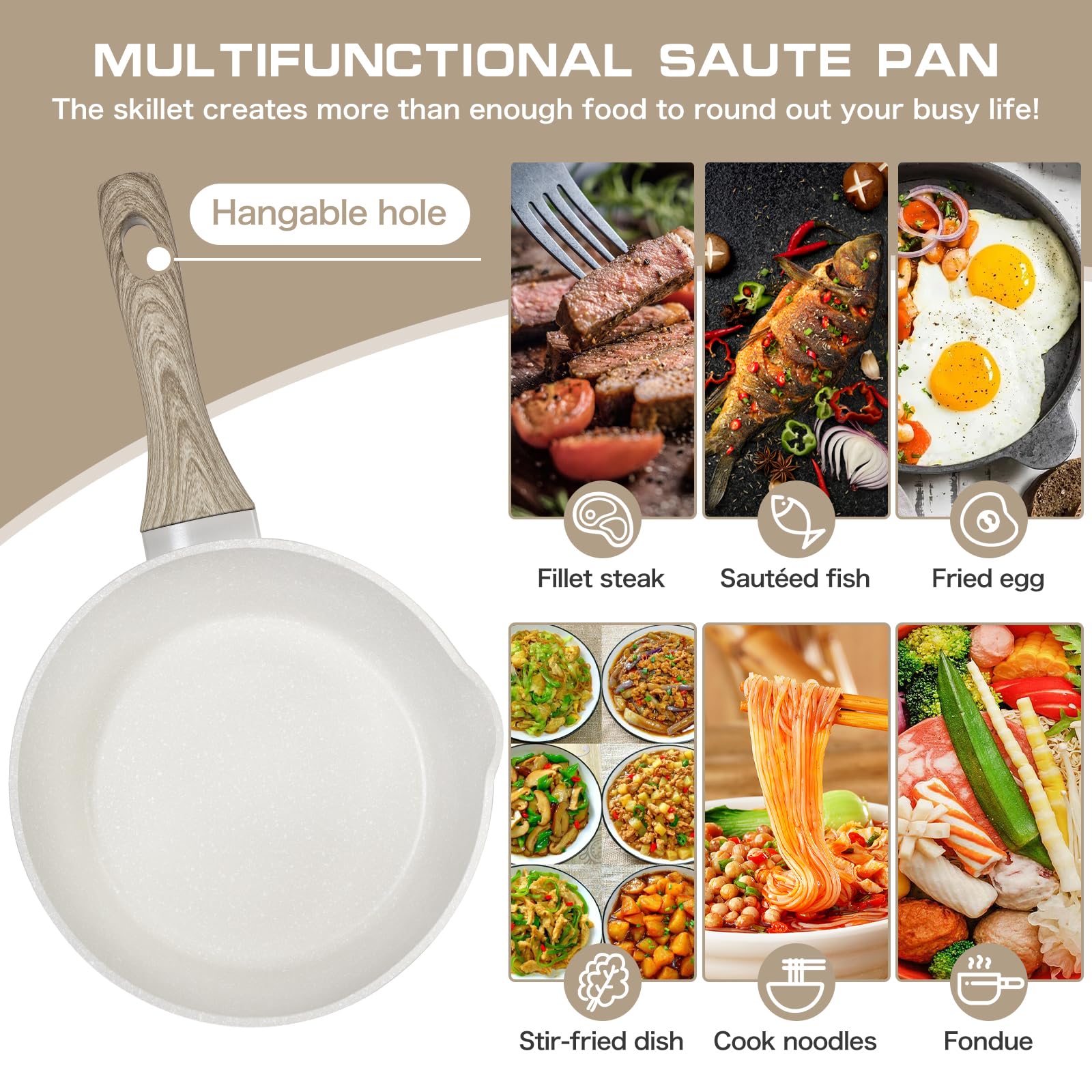 Rainberg Nonstick Granite Saucepan Set with Lid, 3-Piece (16, 18, & 20cm) | Induction Compatible | Beige 4