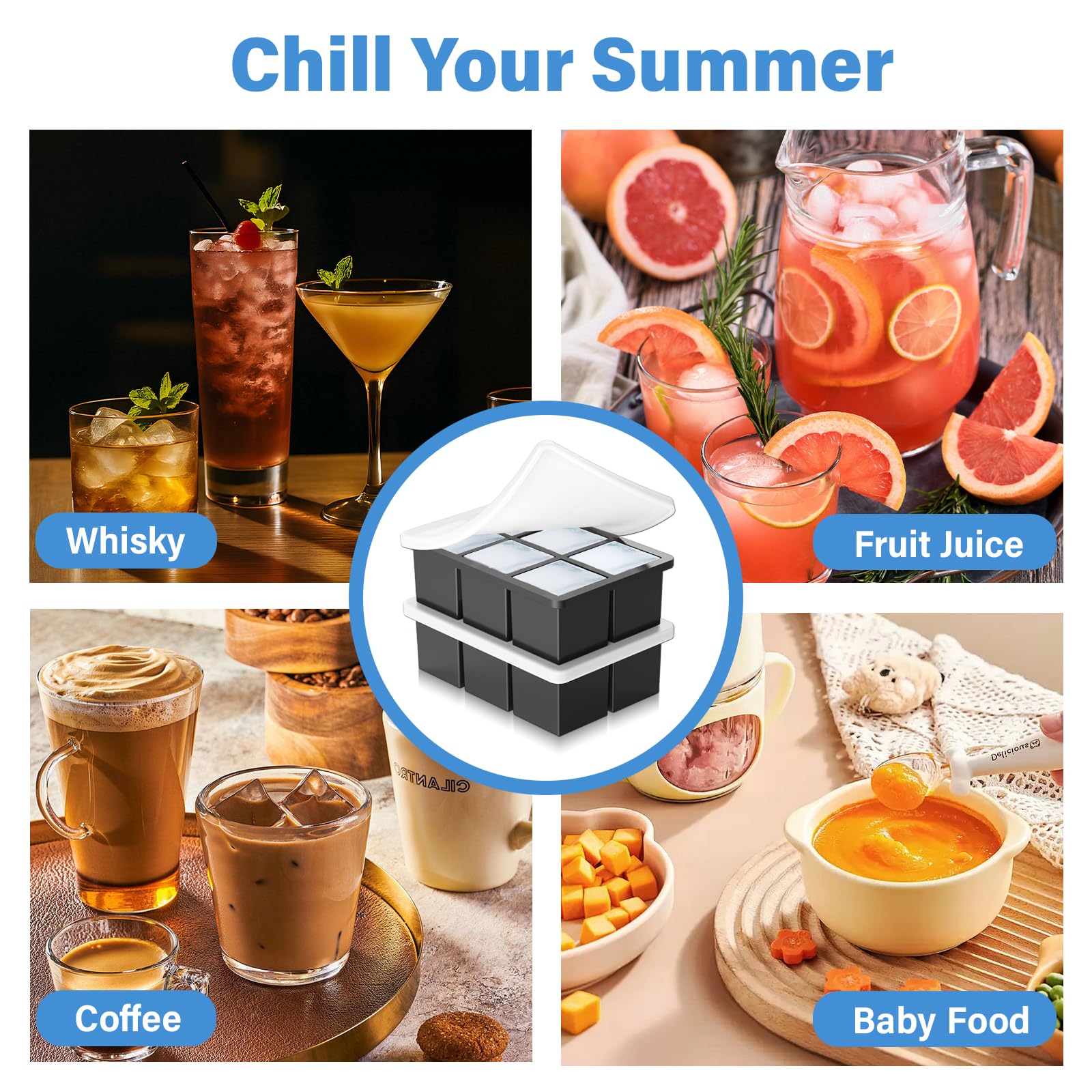 LUCKEA Silicone Ice Cube Tray with Lid - 2 Pack Large Square Ice Cubes, BPA Free, Stackable | Whiskey & Cocktails 7