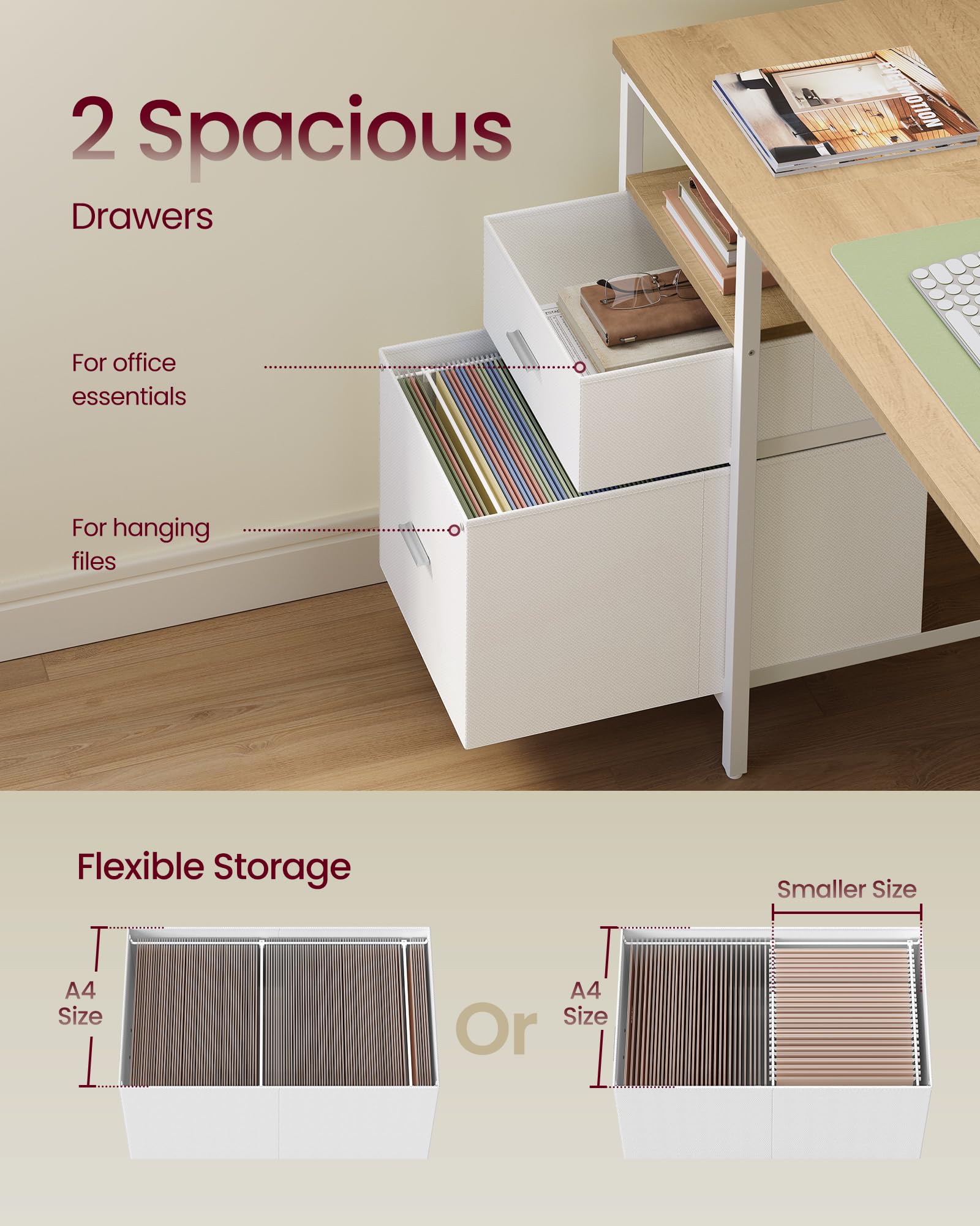 VASAGLE Computer Desk with Storage - 160 x 60 cm Workstation | 3 Shelves, 2 Drawers | Natural Oak + Cloud White 4