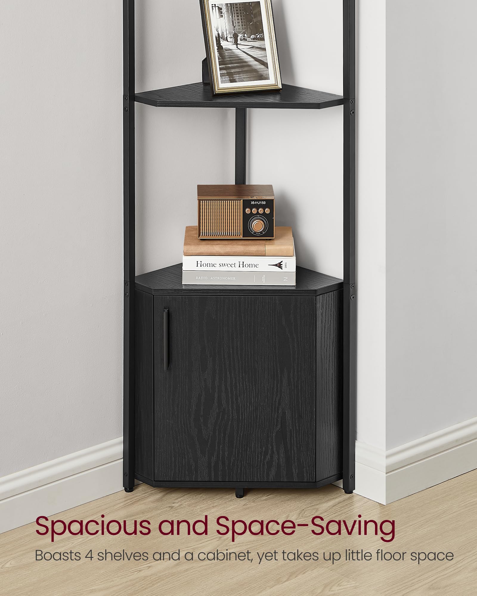 VASAGLE 5-Tier Corner Shelf with Storage Cabinet | Space-Saving Right-Angle Design | Ebony Black 5