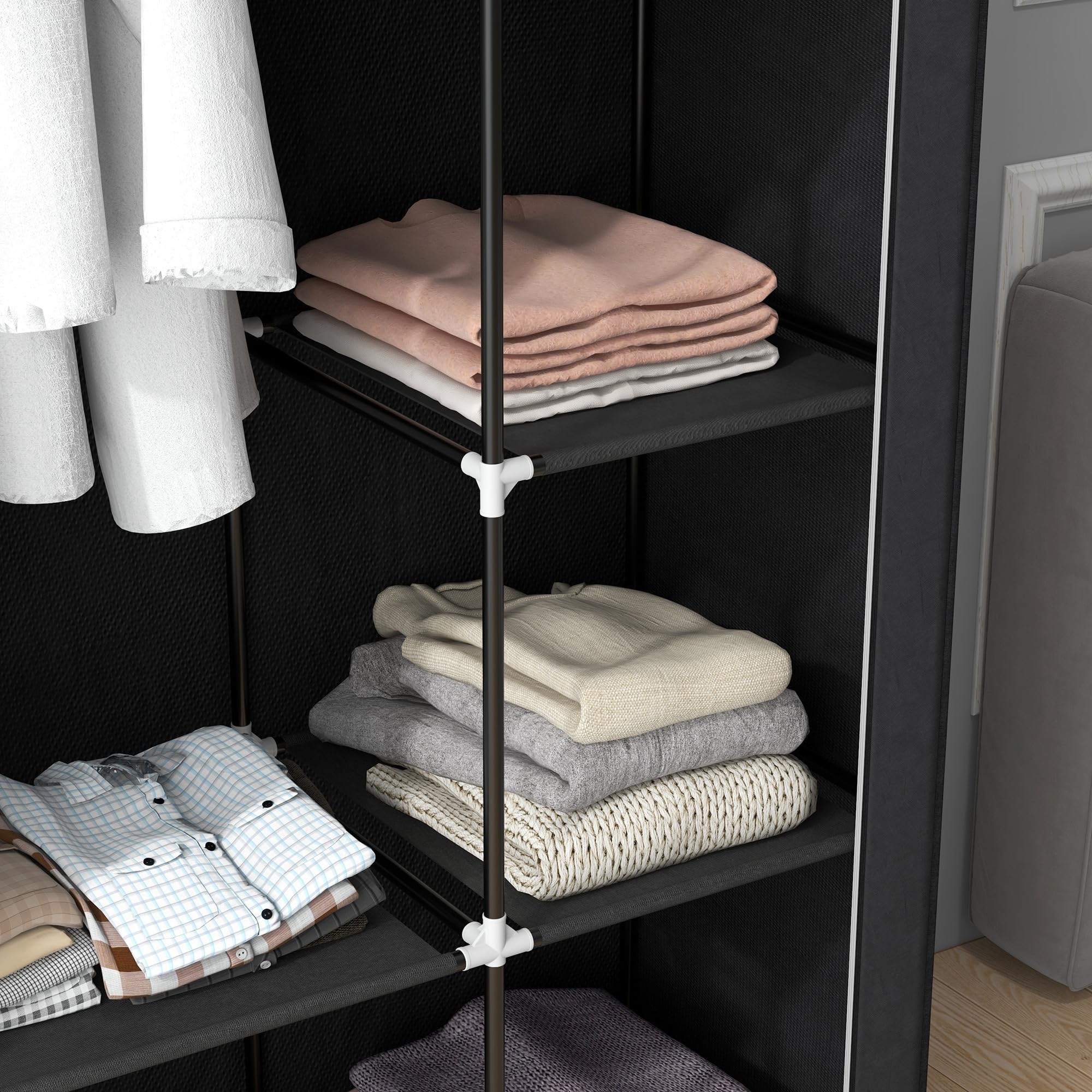 HOMCOM Portable Fabric Wardrobe - 6 Shelves, 1 Hanging Rail, Black | 103W x 43D x 162.5H cm 8