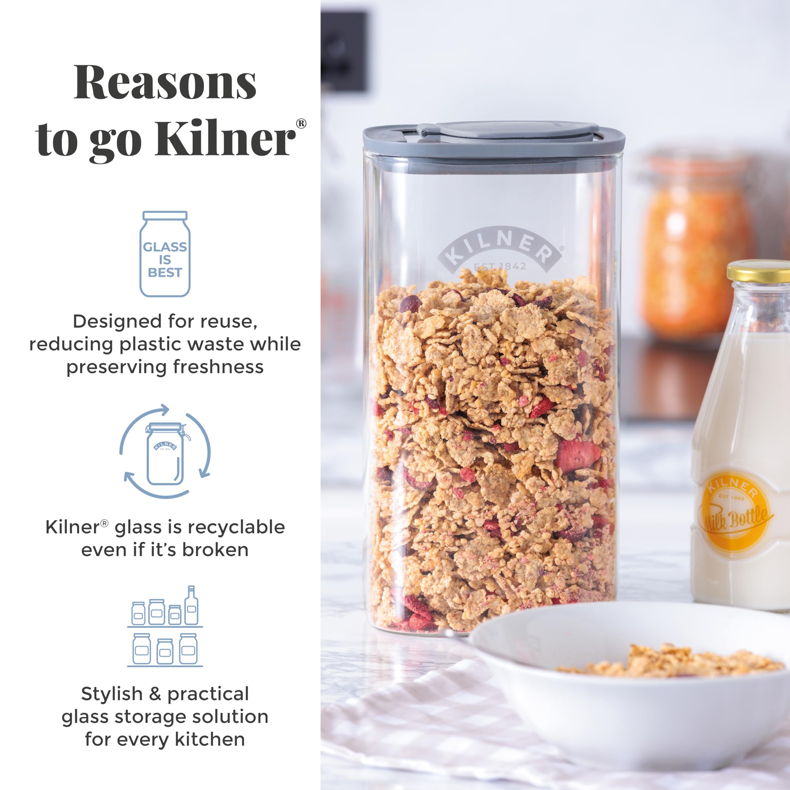 Kilner 3 Litre Glass Cereal Dispenser - Airtight Seal & Pouring Spout | Durable Borosilicate Glass 9