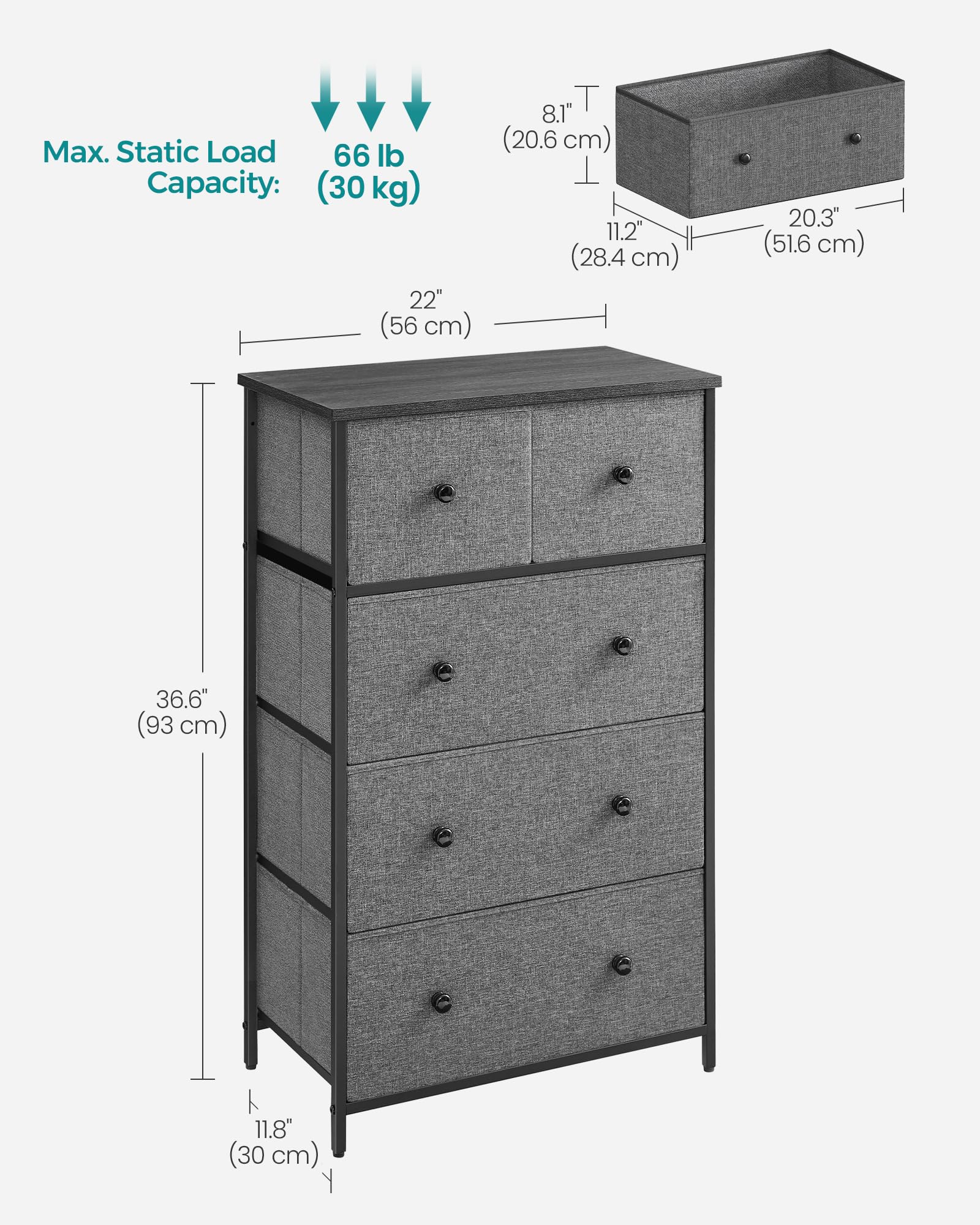 SONGMICS 5-Drawer Fabric Storage Organiser Unit - Grey/Black Wood Grain | 30x56x93 cm 3