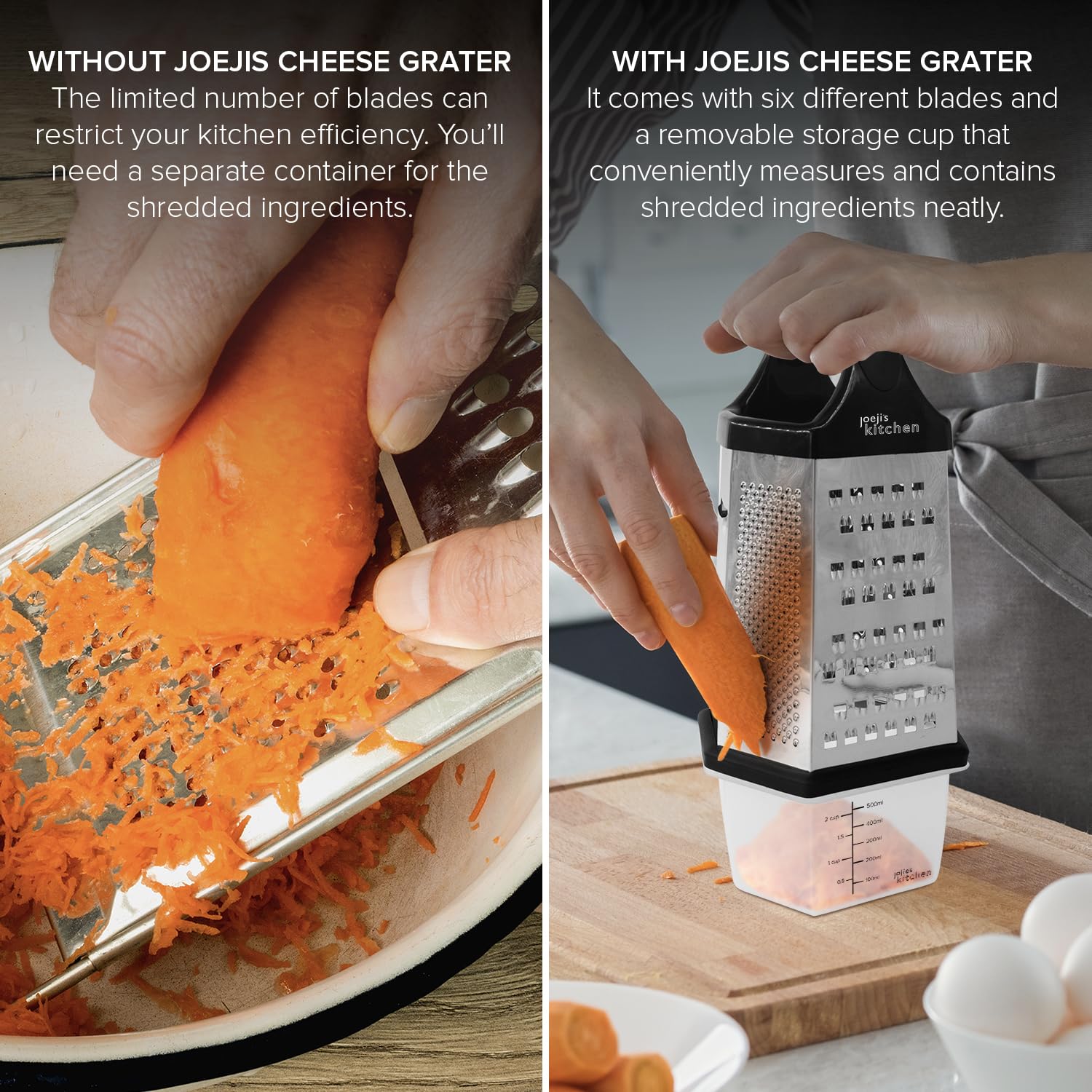 joeji's Kitchen 6-Sided Stainless Steel Cheese Grater with Non-Slip Base and Container 5