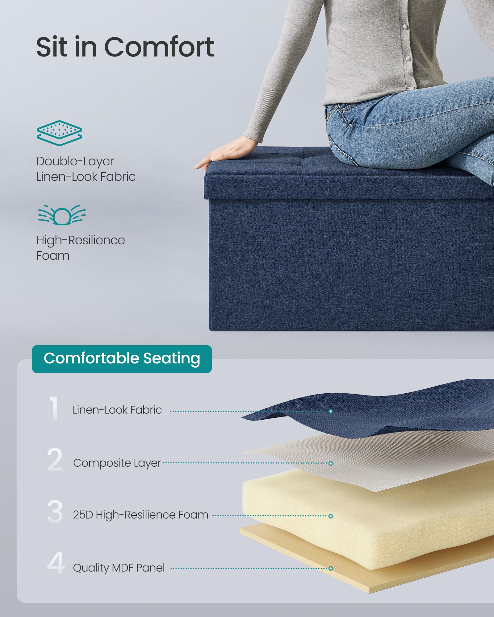 SONGMICS MAZIE Storage Ottoman Bench - 110 cm Folding Foot Rest | Dark Blue | 131L Capacity 5