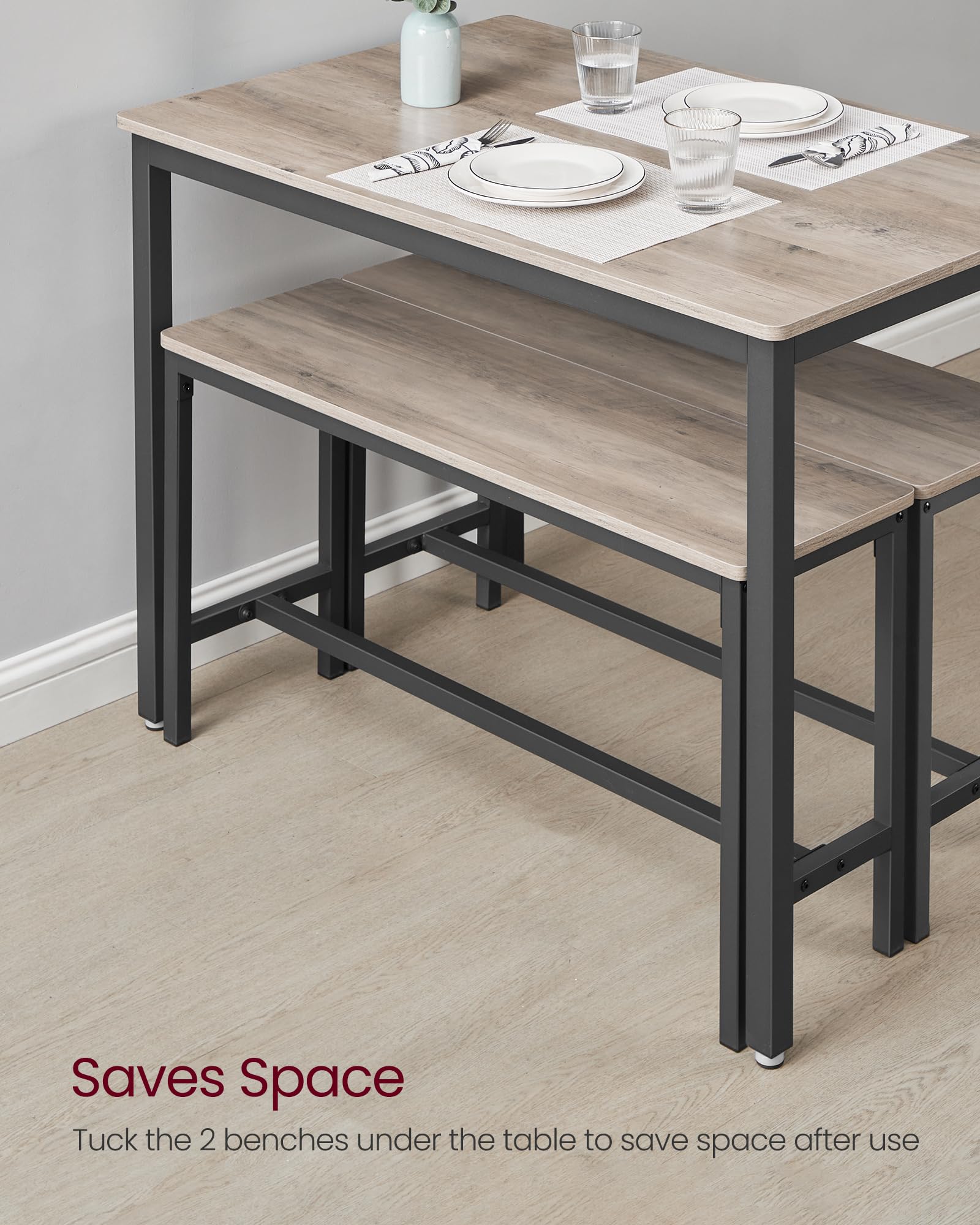 VASAGLE 3 Piece Dining Room Set with 2 Benches | Industrial Design | Seats 4 | 110 x 70 cm Table 5