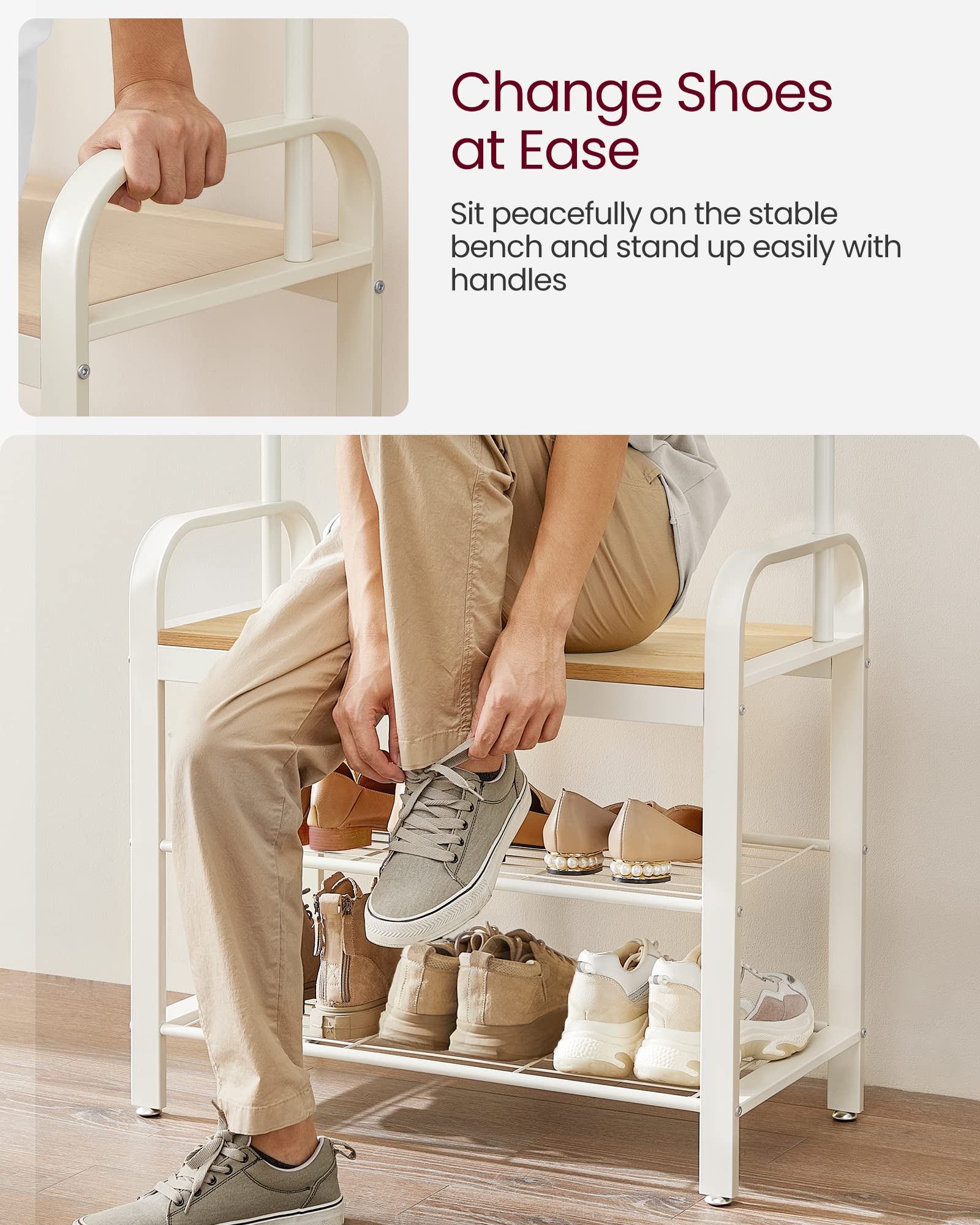 VASAGLE 4-in-1 Coat Rack with Shoe Storage Bench | 9 Removable Hooks | Industrial Oak & Cream | 72 x 33.7 x 183 cm 6